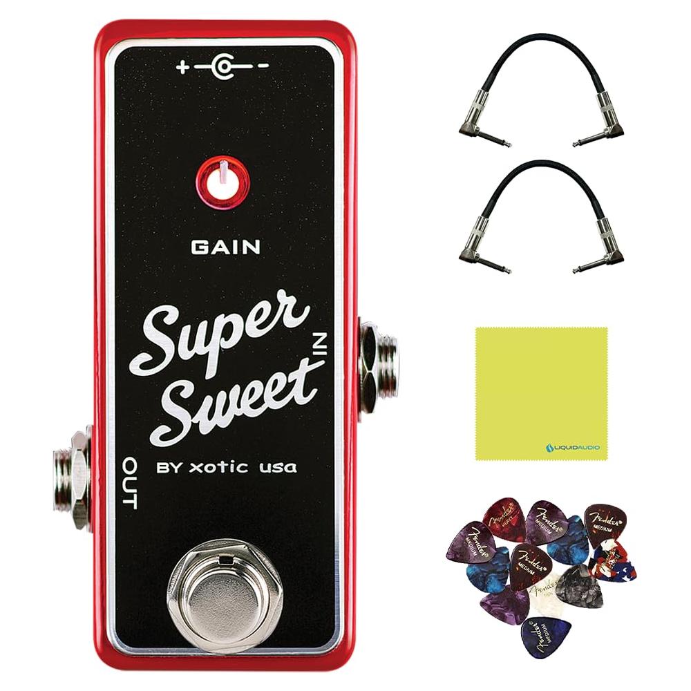 XOTIC Super Sweet Booster Preamp Pedal Bundle w/ 2-Pack Strukture S6P48 Woven Right Angle Patch Cable, 12-Pack Guitar Pick and Liquid Audio Polishing Cloth