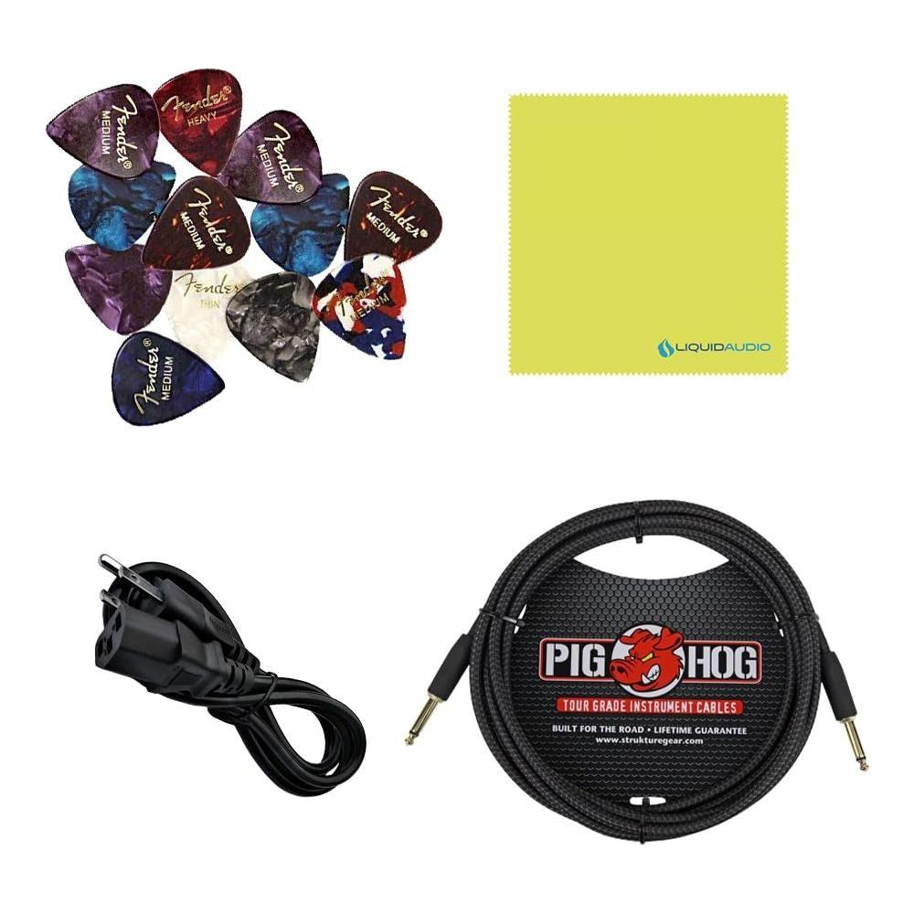 Fender Rumble 200 Bass Amplifier Bundle w/Pig Hog PCH10BK Black Woven Instrument Cable, Power Cable, 12x Fender Picks and Liquid Audio Polishing Cloth