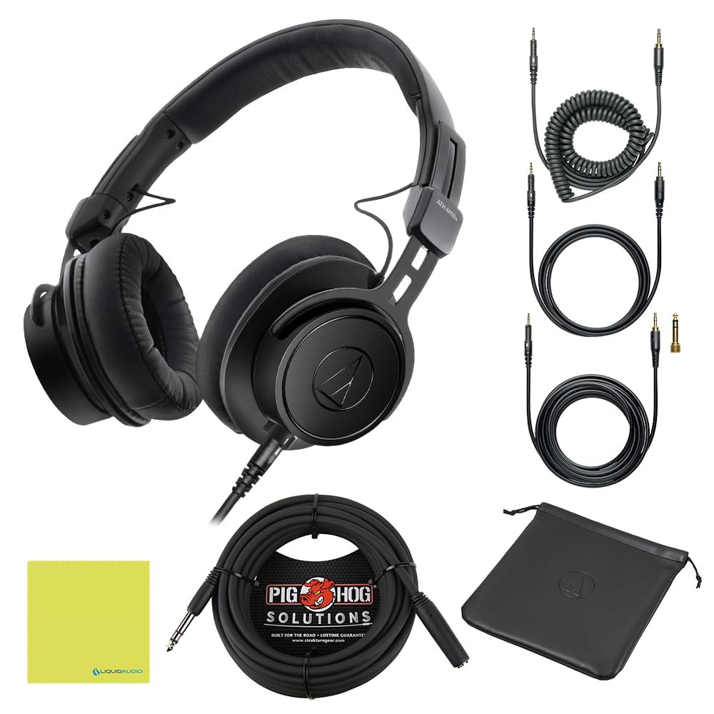 Liquid Audio Audio Technica ATH-M60x Professional Monitor Headphones Bundle w/Pig Hog PHX14-25 Headphone Extension Cable Polishing Cloth