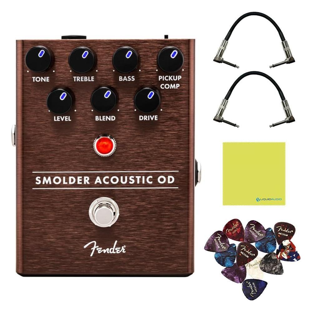 Fender Smolder® Acoustic Overdrive Effects Pedal Bundle w/2x Strukture S6P48 Woven Right Angle Patch Cables, 12x Guitar Picks and Liquid Audio Polishing Cloth