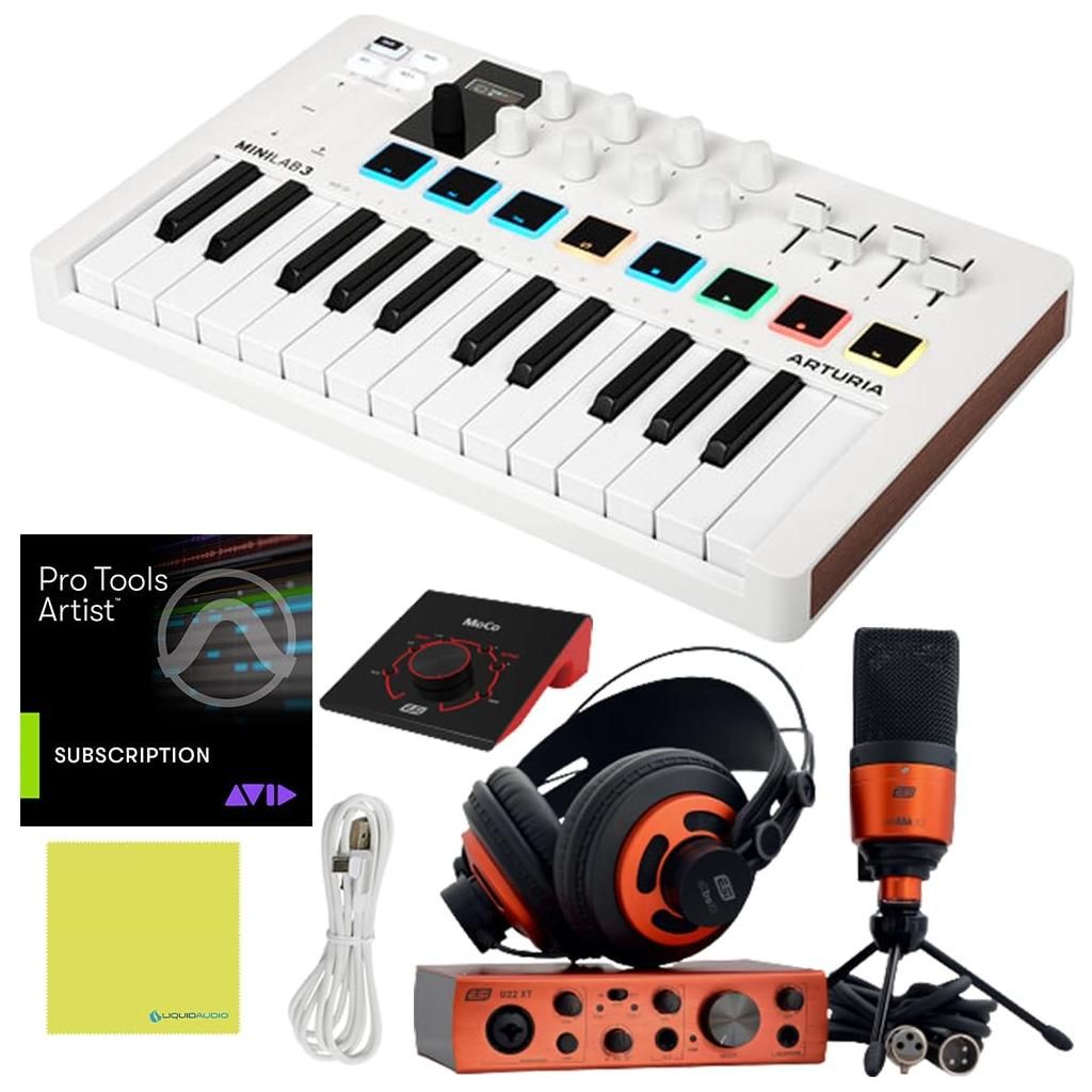 Arturia MiniLab 3 Mini Hybrid Keyboard Controller Bundle w/ ESI U22 XT Audio Interface, ESI MoCo Passive Monitor Controller, ESI cosMik10 Condenser Microphone, ESI eXtra10 Headphone, USB Cable & Liquid Audio Polishing Cloth