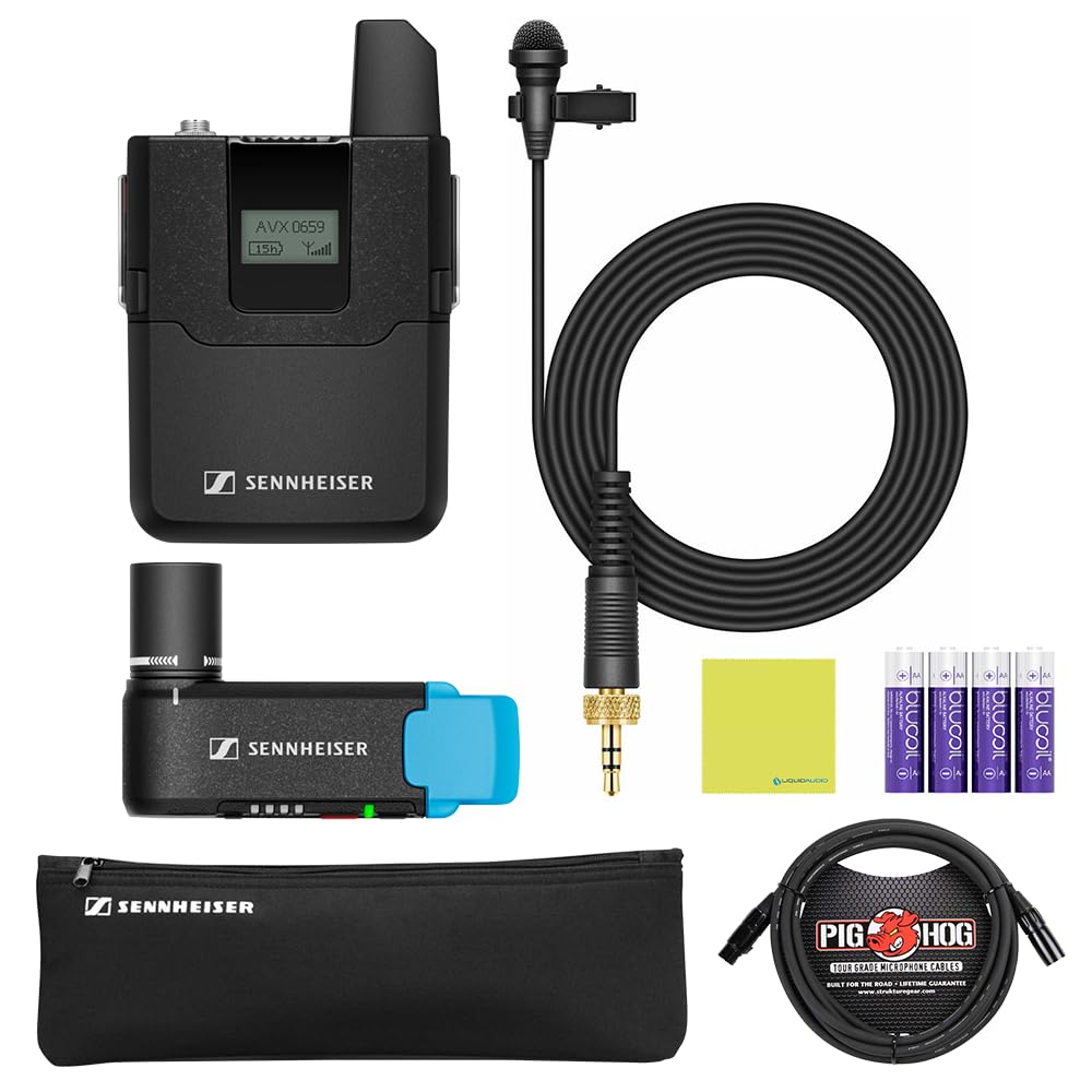 Liquid Audio Sennheiser AVX-ME2 Set-4-US Camera-mountable Wireless Lav Set Bundle w/Pig Hog PHM10 8mm Mic Cable, 4-Pack Blucoil AA Batteries Polishing Cloth