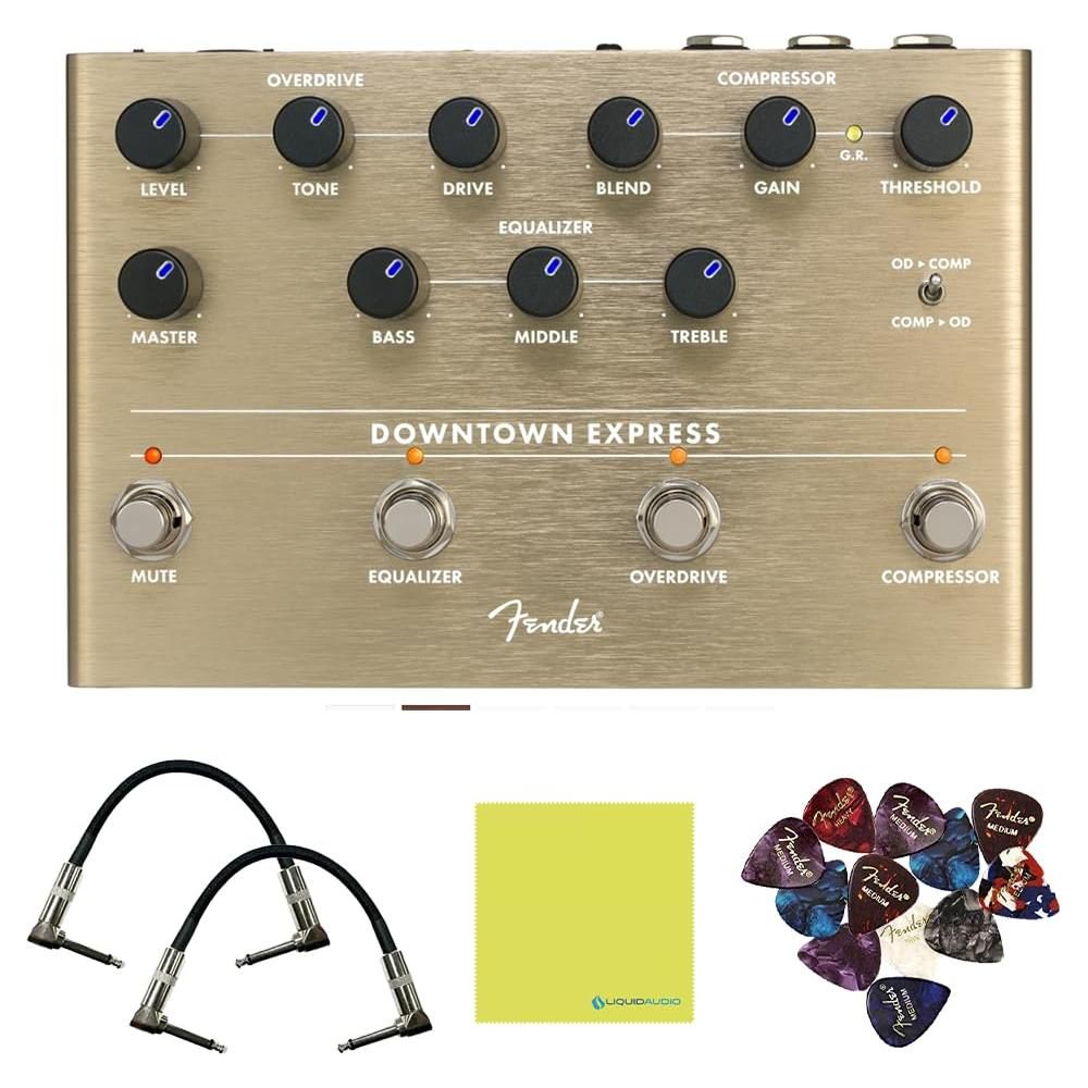 Fender Downtown Express Bass Multi-Effect Pedal, Bundle w/2x Strukture S6P48 Woven Right Angle Patch Cables, 12x Guitar Picks and Liquid Audio Polishing Cloth