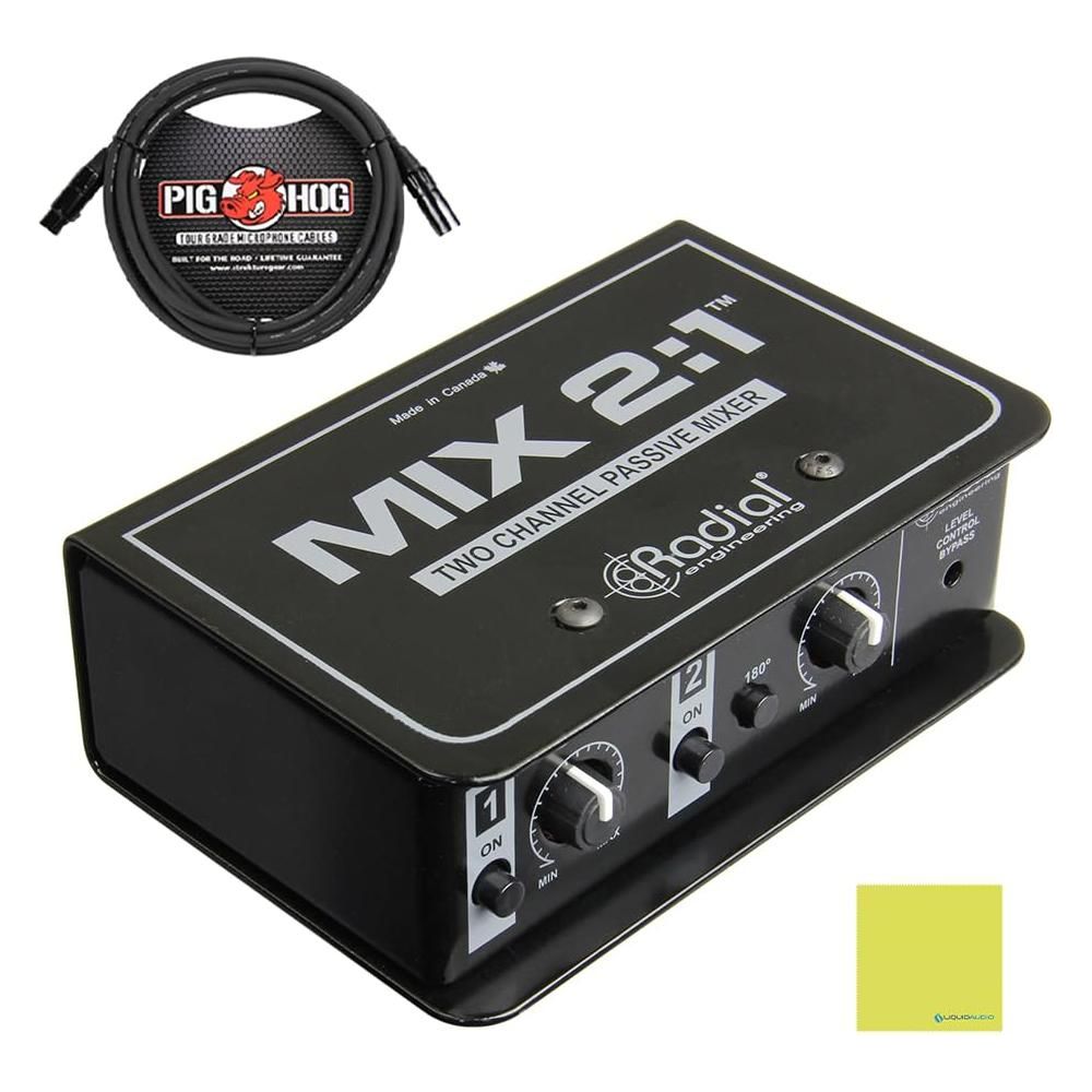 Radial Mix 2:1 Two-channel Audio Combiner & Mixer Bundle w/Pig Hog Mic Cable and Liquid Audio Polishing Cloth