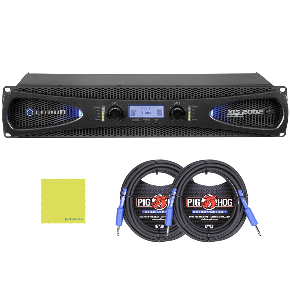 Crown XLS 2002 Two-channel, 650W @ 4Ω Power Amplifier Bundle w/ 2-Pack of Pig Hog PHSC25 9.2mm Speaker Cable (14 gauge wire) and Liquid Audio Polishing Cloth