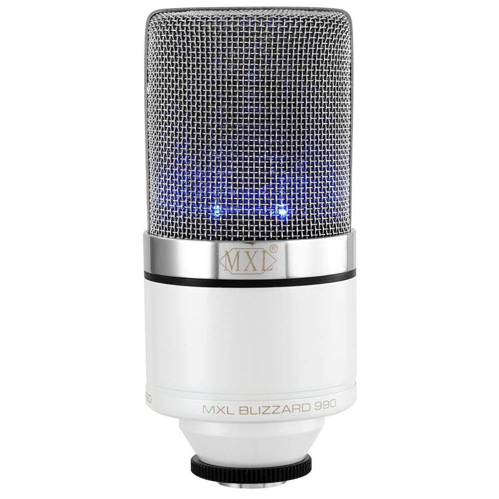 Liquid Audio MXL 990 Blizzard LED Condenser Microphone Perfect for Any Live Stream Bundle w/Pig Hog PHM10 8mm Mic Cable, Pop Filter Polishing Cloth