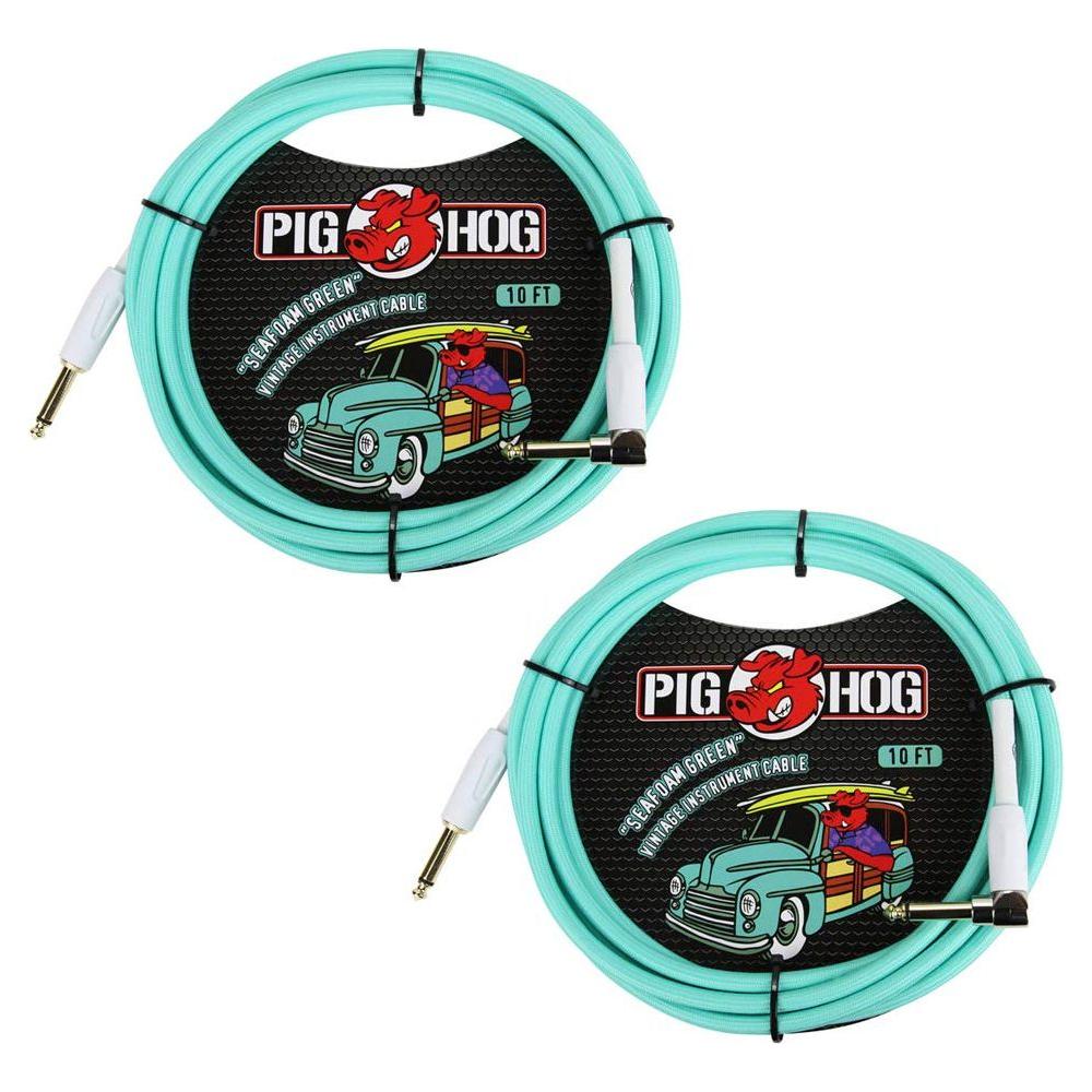 Pig Hog Vintage-Series Woven Instrument Cable (Seafoam Green, 10', Right Angle), (2-Pack)