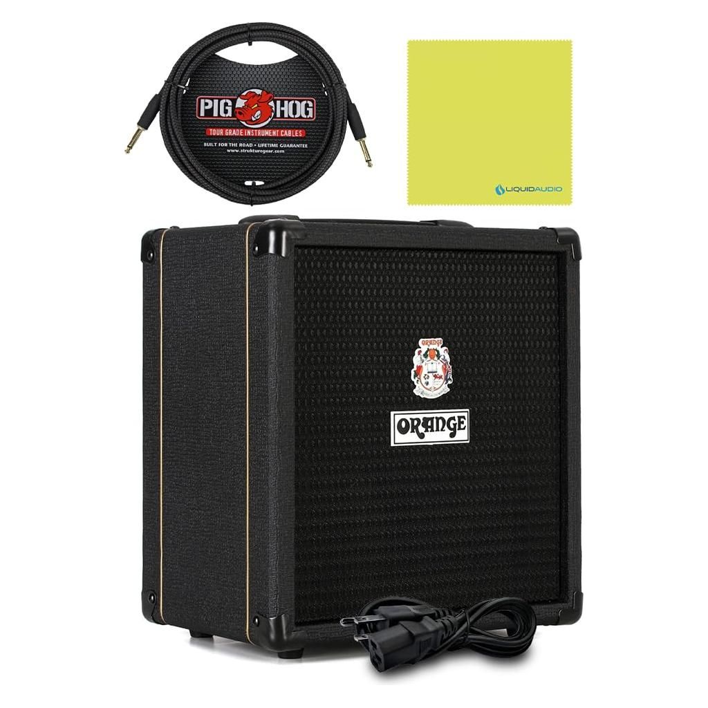 Orange Crush Bass 25 Black Guitar Combo Amp Bundle w/Pig Hog Black Woven Instrument Cable and Liquid Audio Polishing Cloth 1x8 25 Watts, 3 Band EQ & Integrated Chromatic Tuner