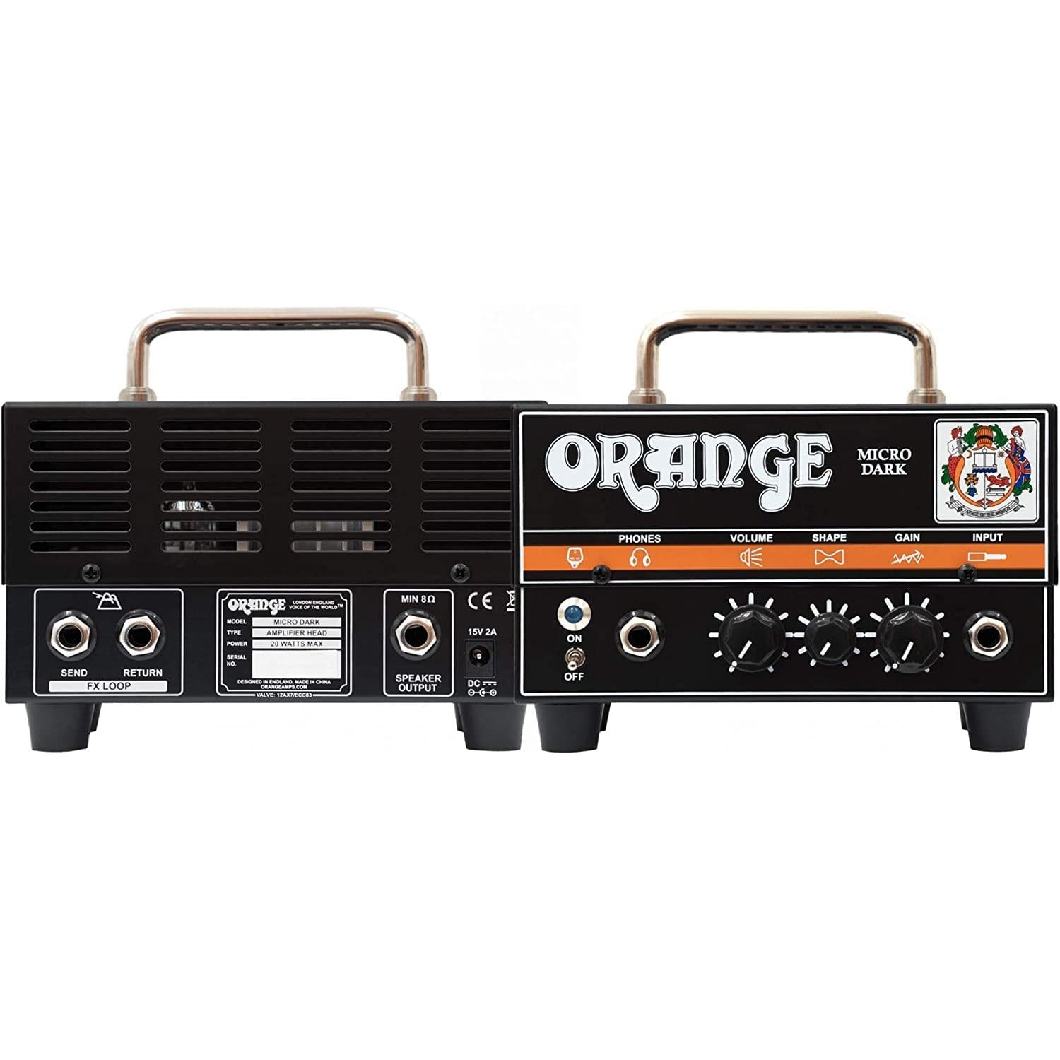 Orange Amp MD20 Micro Dark 20-Watt Mini Guitar Amplifier Head Bundle with Pig Hog Woven Instrument Cable 10ft, Power Supply, and Liquid Audio Polishing Cloth - Micro Guitar Amplifier