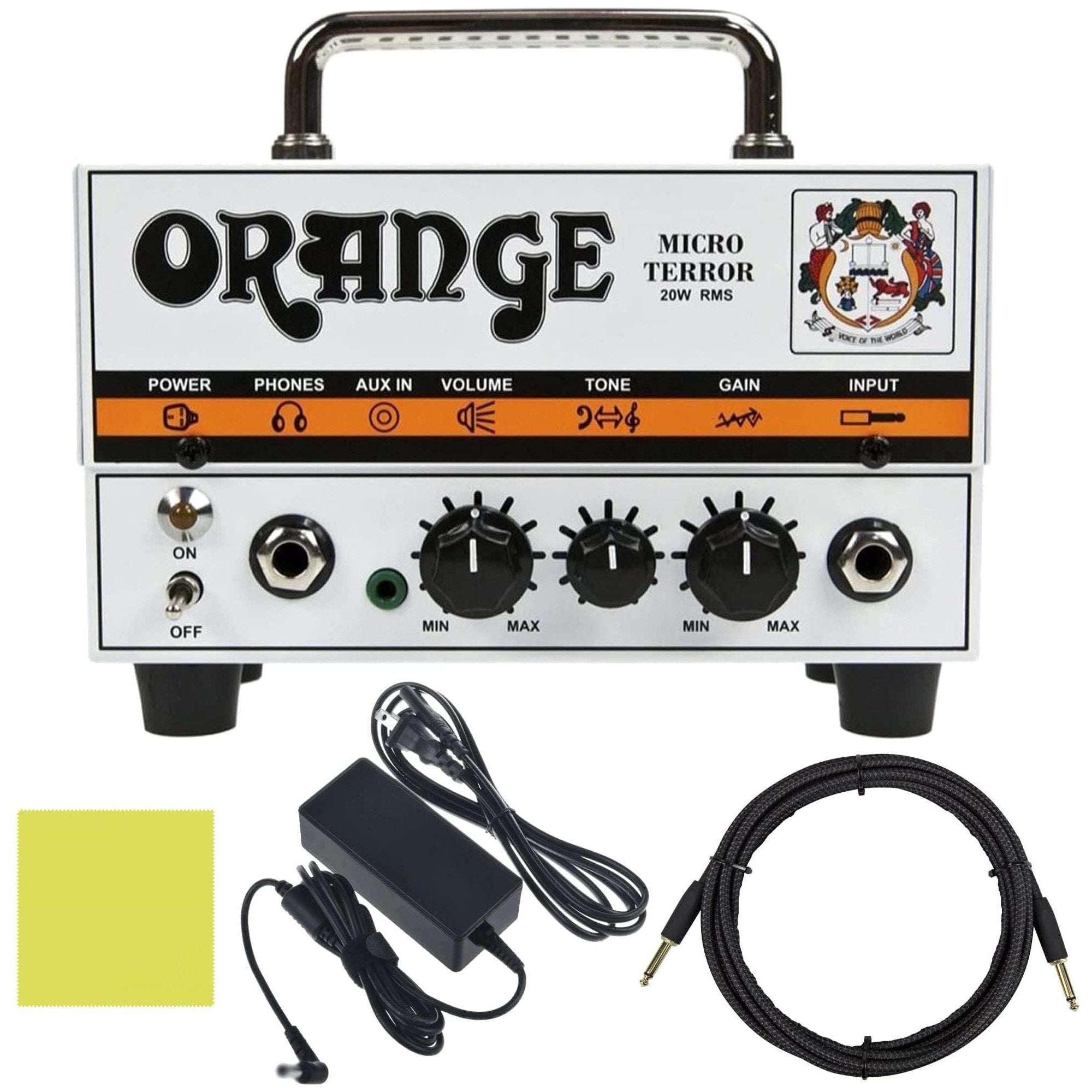 Orange MT20 Micro Terror 20-Watt Mini Hybrid Guitar Amplifier Head Bundle w/ 10' Pig Hog Woven Instrument Cable, Power Supply and Liquid Audio Polishing Cloth (4 Items)