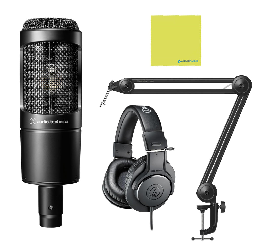 Audio-Technica AT2035 Cardioid Condenser Microphone Bundle with ATH-M20x Studio Headphones, Adjustable Boom Arm & Polishing Cloth – Professional Sound Recording Kit (Black)