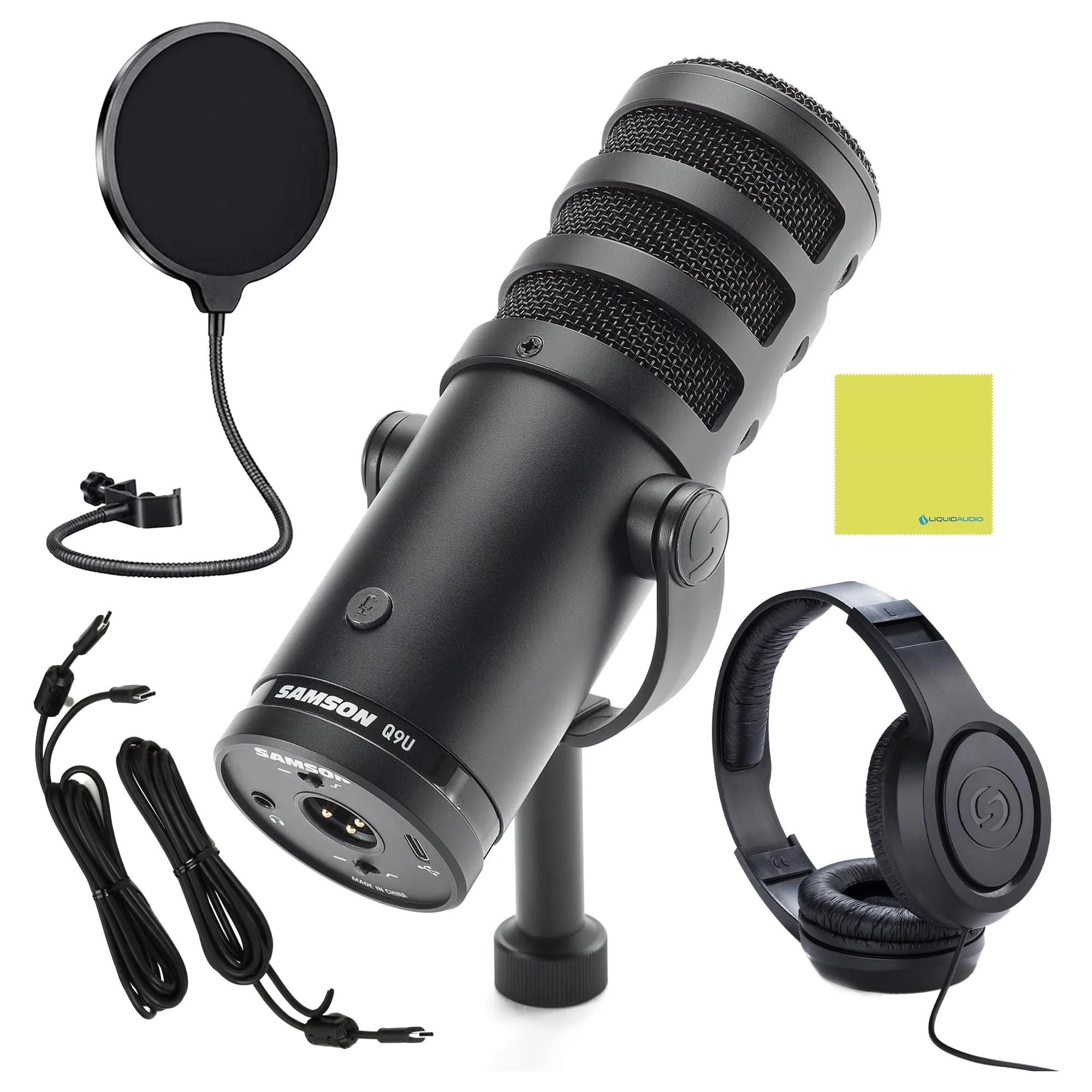 Liquid Audio Samson Q9U XLR/USB Broadcast Dynamic Microphone Bundle w/Samson SR350 Over-Ear Stereo Headphones, Pop Filter Polishing Cloth