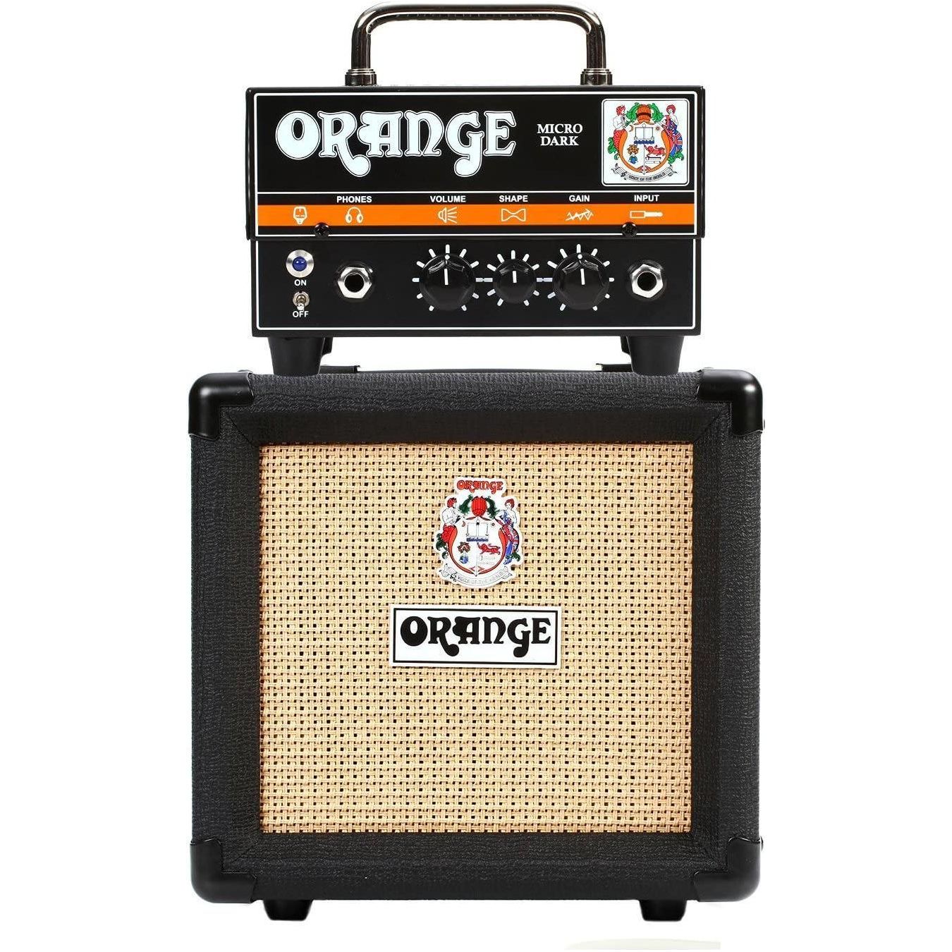 Orange Amp Micro Dark Terror MD20 Hybrid Amp Head Mini Stack Combo Bundle with PPC108 1x8 in Black Speaker Cabinet, Pig Hog Woven Guitar Cable 10ft, Speaker Cable and Liquid Audio Polishing Cloth