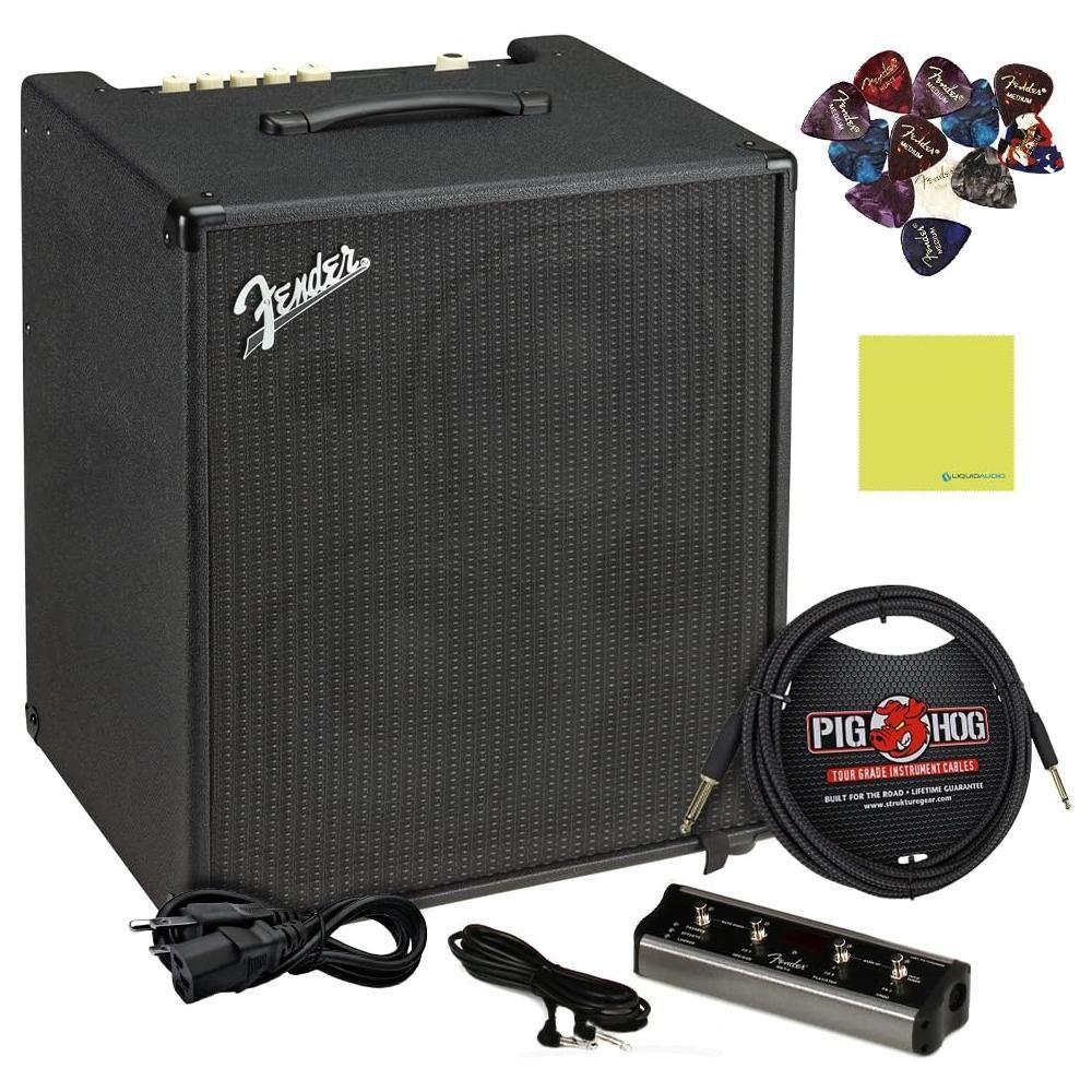 Fender Rumble Stage 800 Bass Amplifier 120V, Black Bundle w/Pig Hog PCH10BK Black Woven Instrument Cable, Foot Switch, Power Cable, 12x Picks and Liquid Audio Polishing Cloth