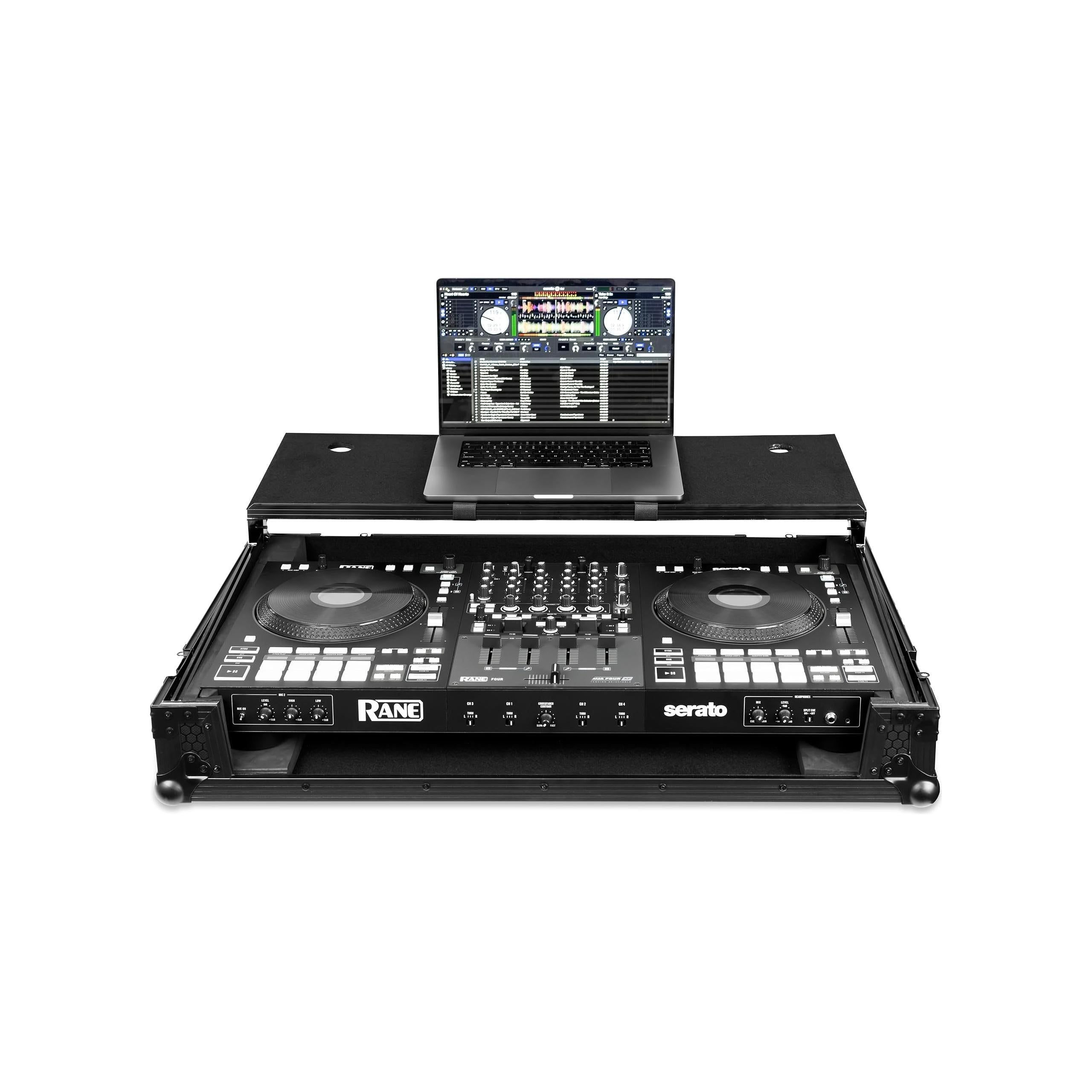 Headliner Pitch Black Custom Fit Flight Case with Laptop Platform and Wheels Compatible for Rane Four DJ Controller, All Black DJ Equipment Road Case