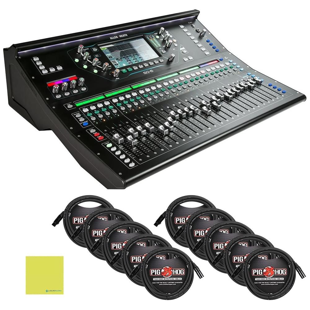 Allen & Heath SQ-6 48-channel Digital Mixer Bundle w/10-Pack Pig Hog PHM10 8mm XLR Microphone Cable and Liquid Audio Polishing Cloth