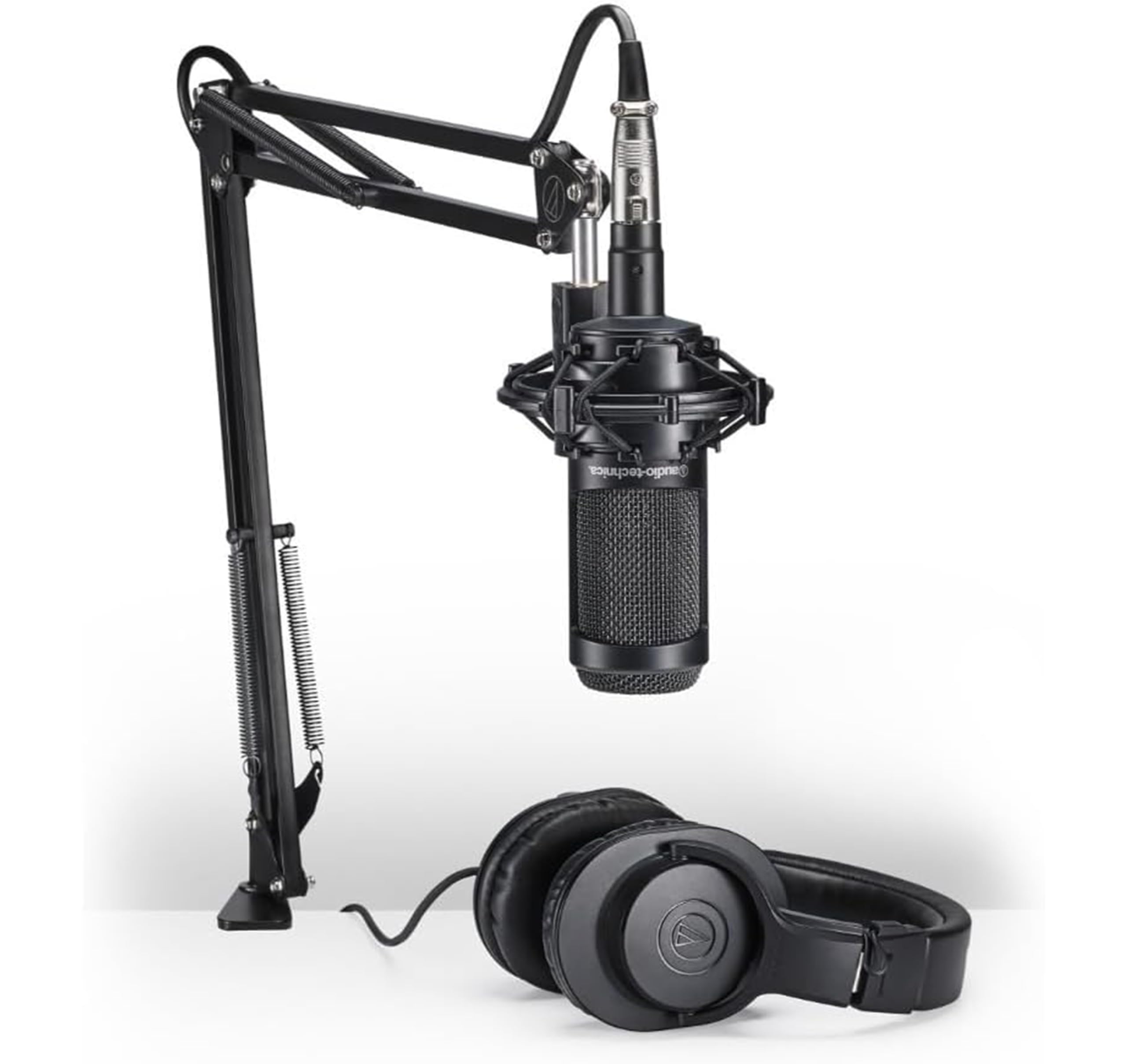 Audio-Technica AT2035 Cardioid Condenser Microphone Bundle with ATH-M20x Studio Headphones, Adjustable Boom Arm & Polishing Cloth – Professional Sound Recording Kit (Black)