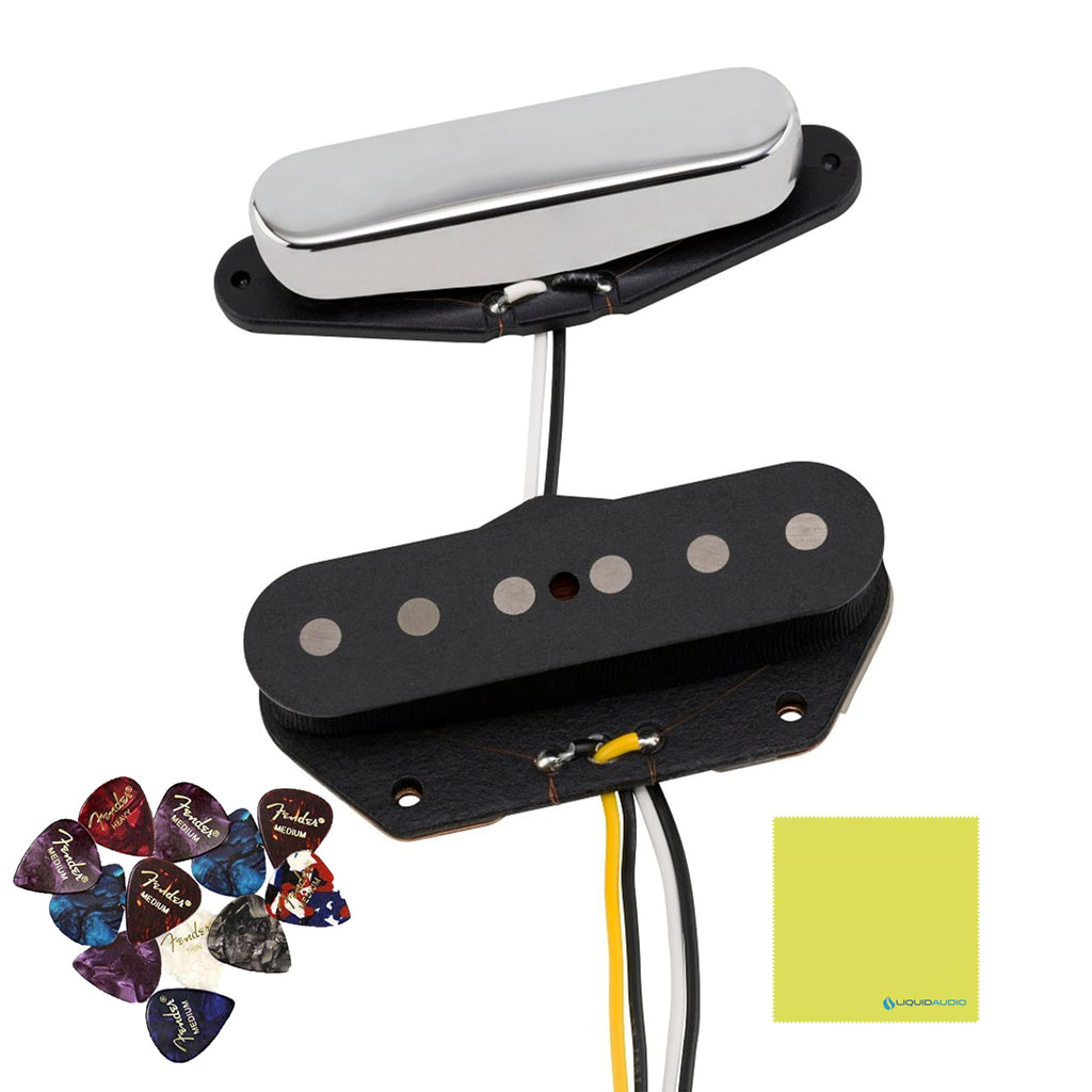 Fender Vintera '50s Vintage Telecaster Pickup Set Bundle with 12 Guitar Picks and Instrument Polishing Cloth - Black Bridge & Chrome Neck, Classic Tone & Style