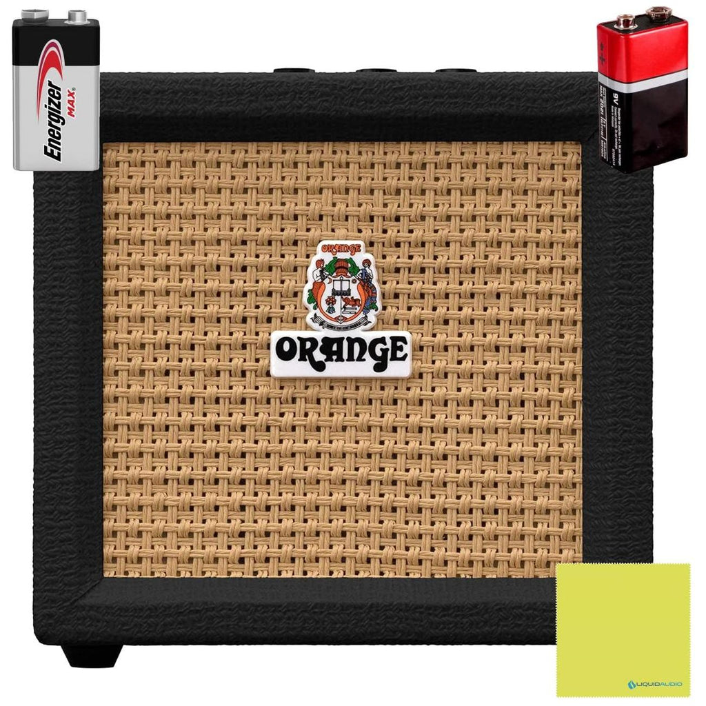 Orange Amplification Crush Mini 3-Watt Battery Powered Guitar Combo Amplifier (Black) Bundle w/ 2 Batteries & Liquid Audio Polishing Cloth (4 Items)