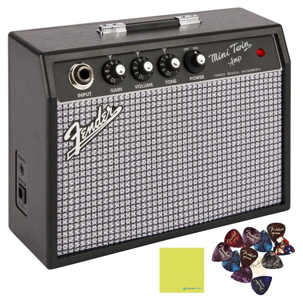 Fender Mini Guitar Amp - Mini '65 Twin Amp (Black) Bundle with 12x Fender Guitar Picks and Liquid Audio Instrument Polishing Cloth - Mini Amp for Electric Guitar, Electric Guitar Amplifier