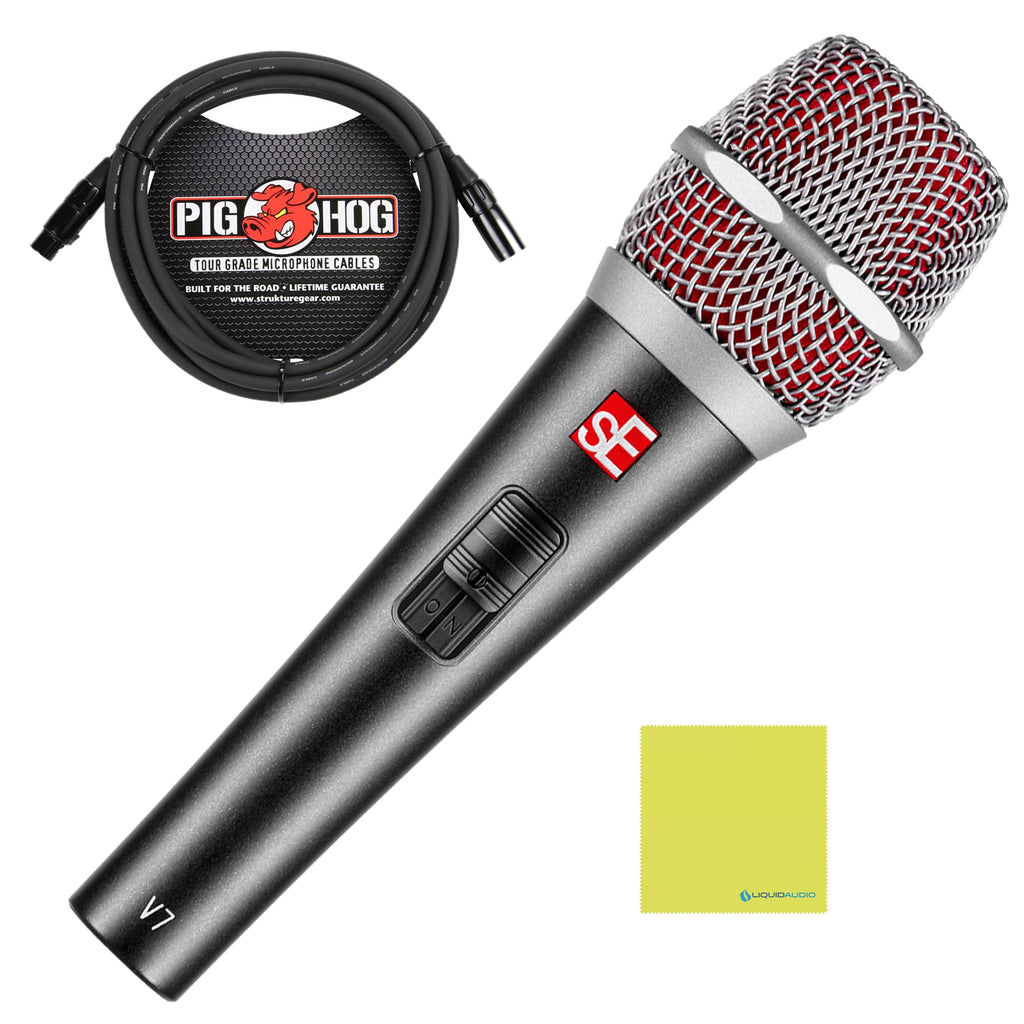 Liquid Audio sE Electronics V7 Switch Supercardioid Dynamic Handheld Microphone Bundle w/Pig Hog PHM10 8mm Mic Cable Polishing Cloth