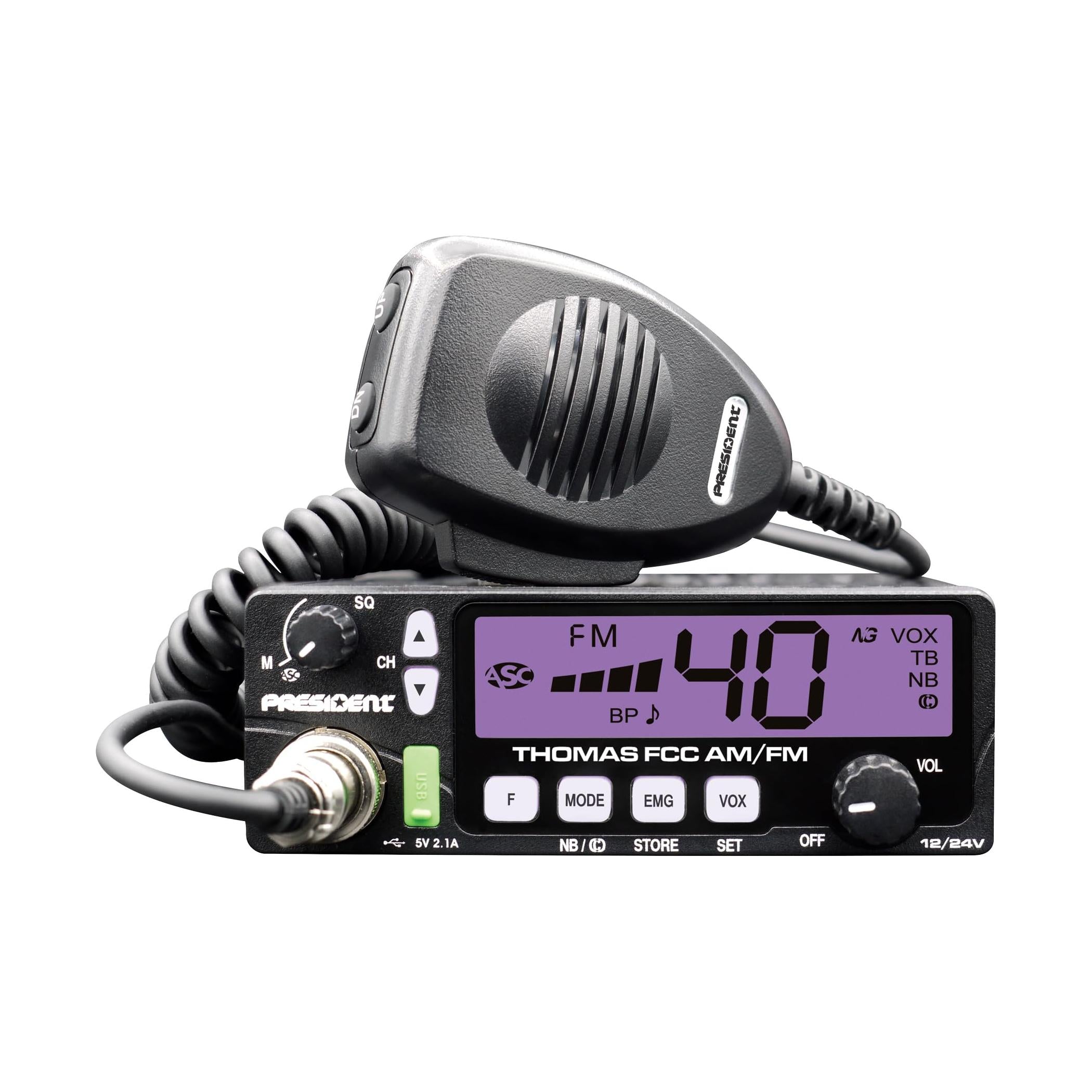 President Electronics Thomas FCC 40-Channel AM/FM Radio, Black; 12/24 V, Up/Down Channel Selector, Volume Adjustment, Manual Squelch and ASC, Multi-Functions LCD Display, Mode Switch AM/FM