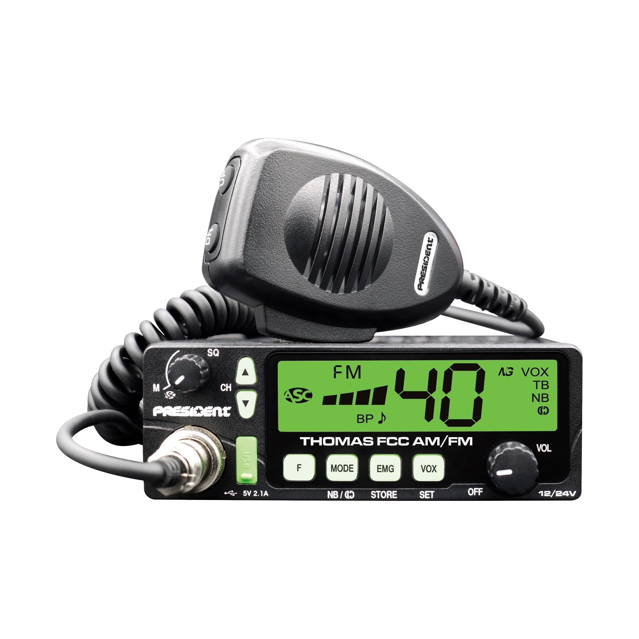 President Electronics Thomas FCC 40-Channel AM/FM Radio, Black; 12/24 V, Up/Down Channel Selector, Volume Adjustment, Manual Squelch and ASC, Multi-Functions LCD Display, Mode Switch AM/FM