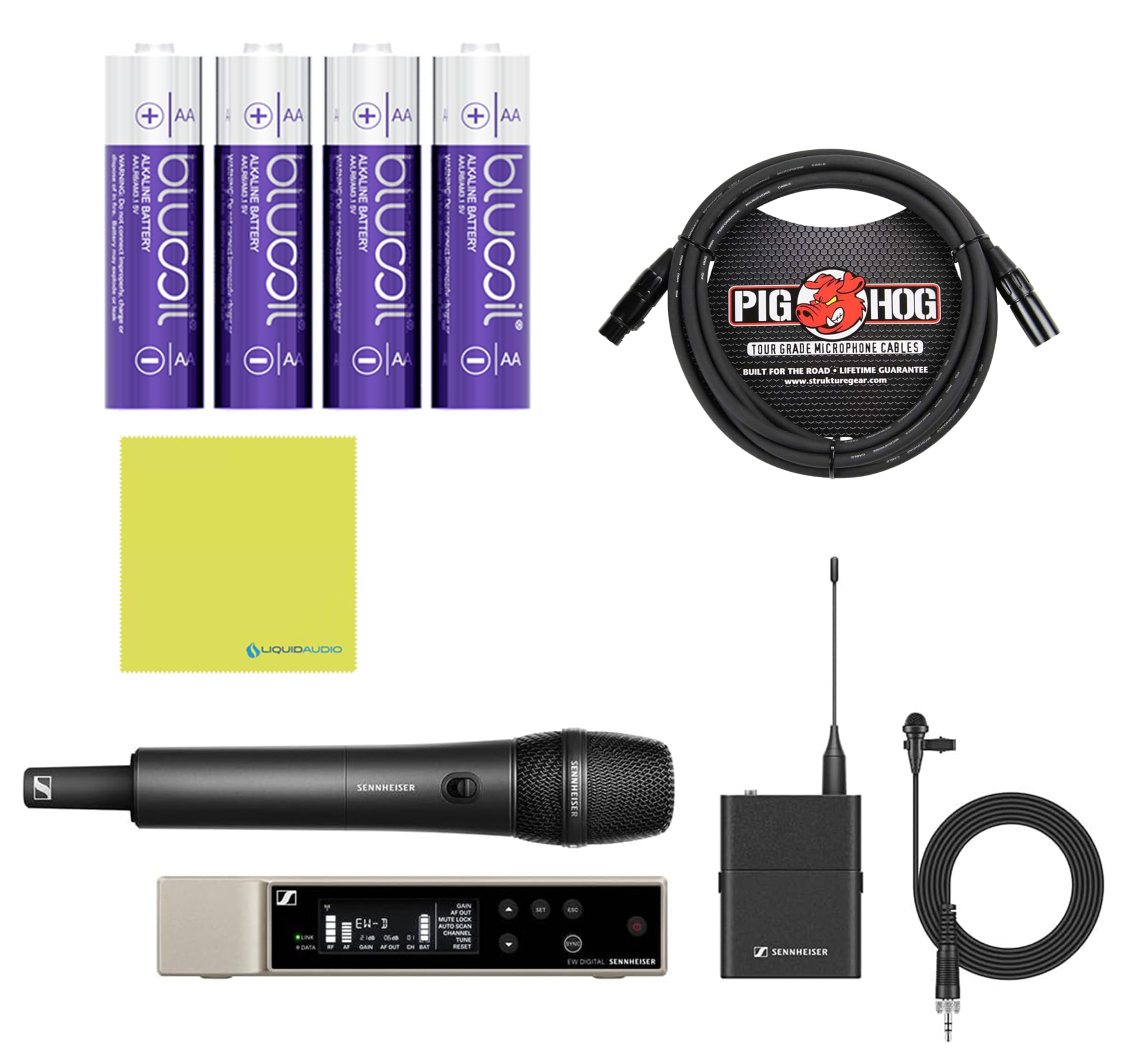 Sennheiser Combo Wireless Handheld & Lavalier Microphone System Bundle with 10ft Pig Hog Mic Cable, 4 AA Batteries & Polishing Cloth – EW-D ME2/835-S (R4-R9), Clear Digital Audio, UHF Transmission