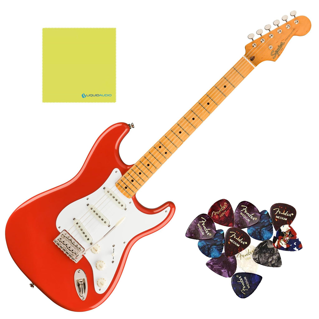 Squier Classic Vibe '50s Stratocaster, Maple Fingerboard, Fiesta Red Blonde - 0374005540 Bundle w/ 12-Pack Guitar Pick and Liquid Audio Polishing Cloth