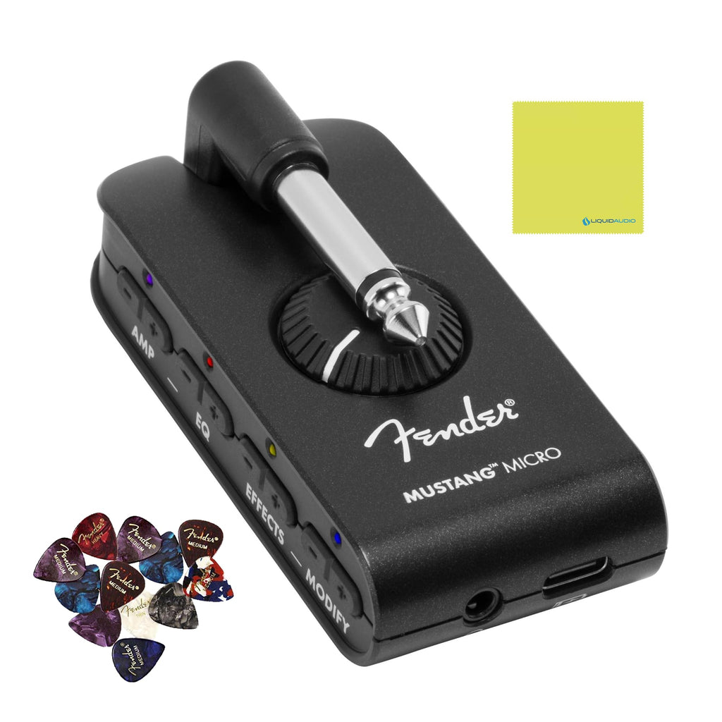 Liquid Audio Fender Mustang® Micro Headphone Amplifier, Black - 2311300000 Bundle w/ 12-Pack Guitar Pick Polishing Cloth