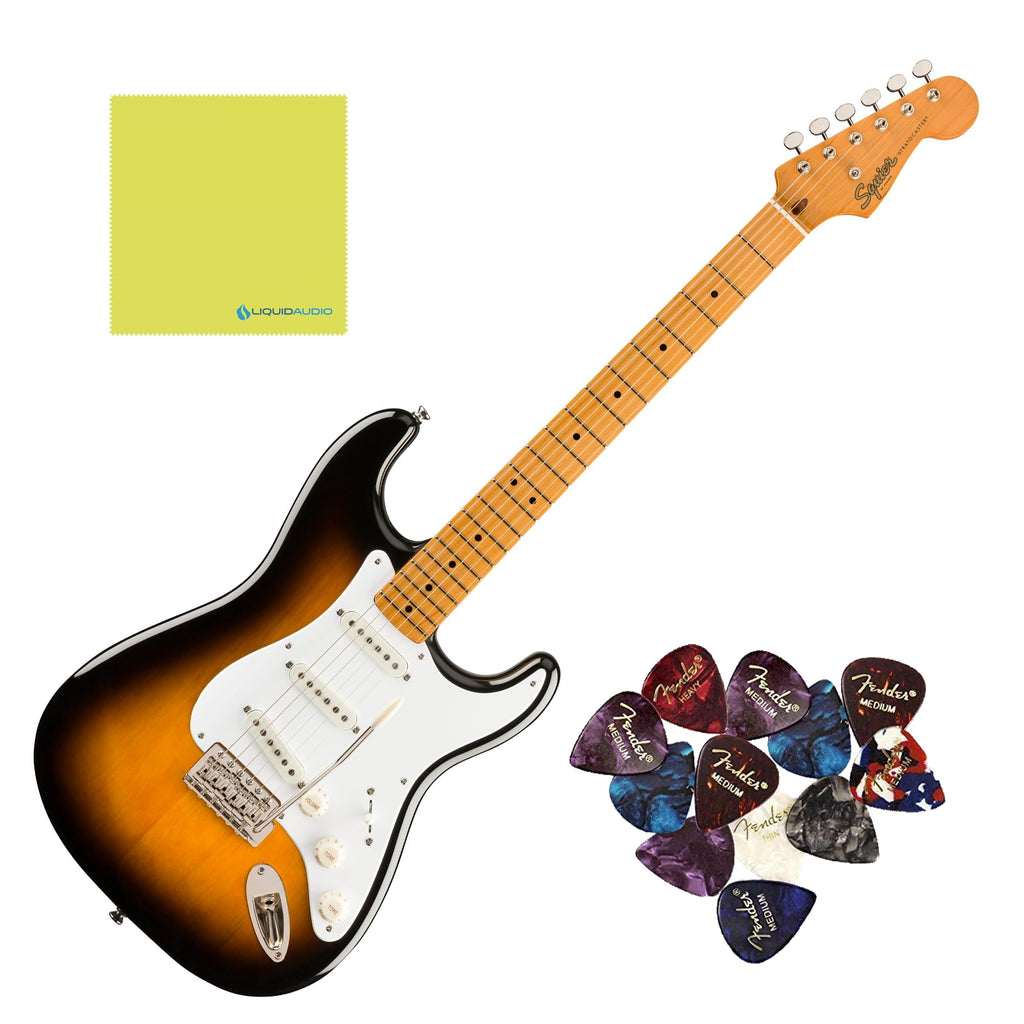 Squier Classic Vibe '50s Stratocaster, Maple Fingerboard, 2-Color Sunburst - 0374005500 Bundle w/ 12-Pack Guitar Pick and Liquid Audio Polishing Cloth