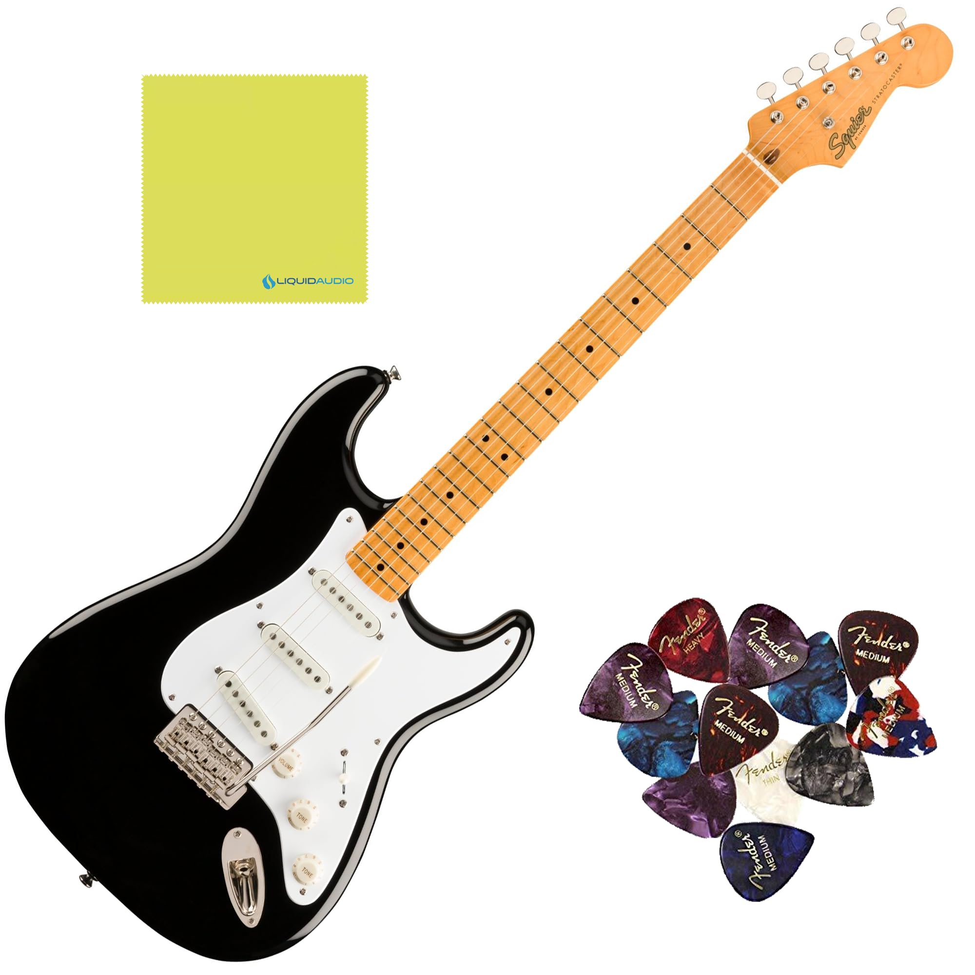 Squier Classic Vibe '50s Stratocaster, Maple Fingerboard, Black Blonde - 0374005506 Bundle w/ 12-Pack Guitar Pick and Liquid Audio Polishing Cloth