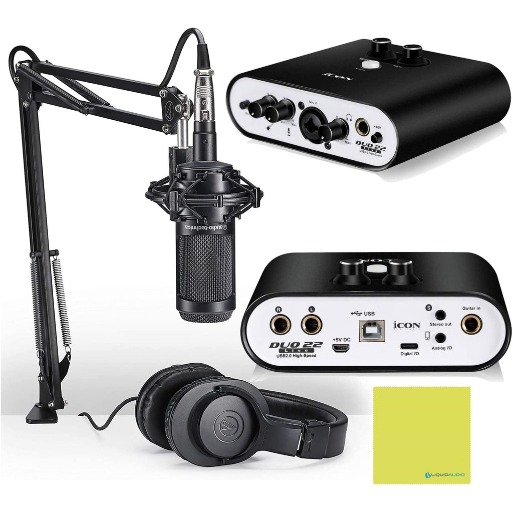 Audio Technica Condenser Microphone Bundle with Icon Portable USB Interface for Windows, Mac or iOS. Includes Boom Arm, Shock, Headphones & Cloth