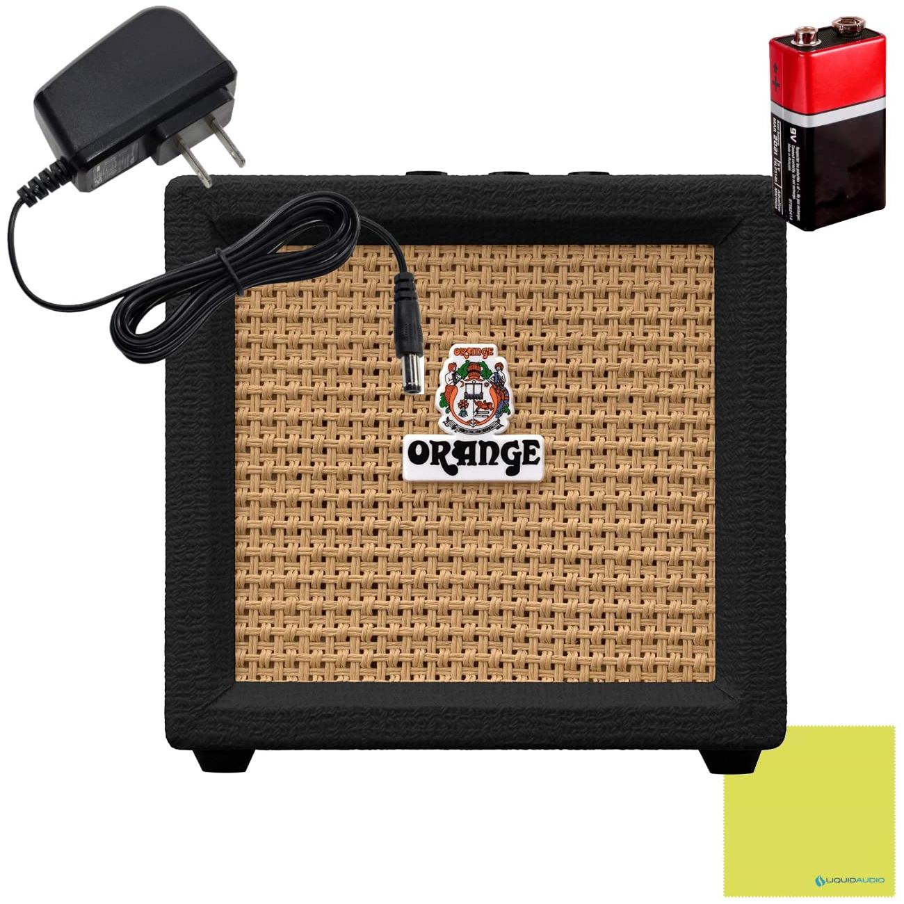 Orange Crush Amp Black Mini 3W Analogue Combo Battery Powered Amp Bundle with AC Power Adapter, 9V Battery & Polishing Cloth - Electric Bass Guitar Amp, Portable Practice Amp, Mini Speaker Amplifier