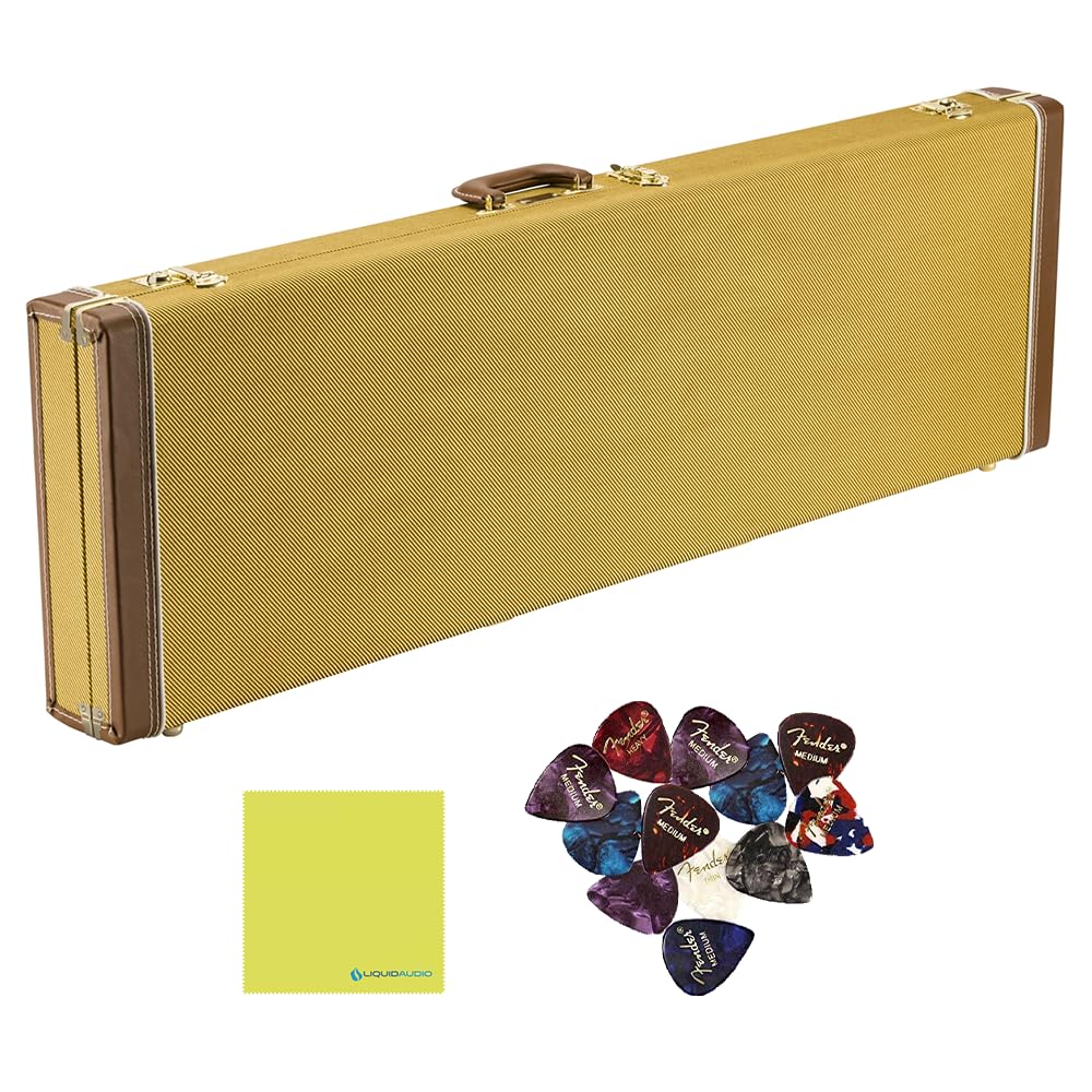 Liquid Audio Fender Classic Series Cases - Precision Bass®/Jazz Bass®, Tweed - 0996166300 Bundle w/ 12-Pack Guitar Pick Polishing Cloth