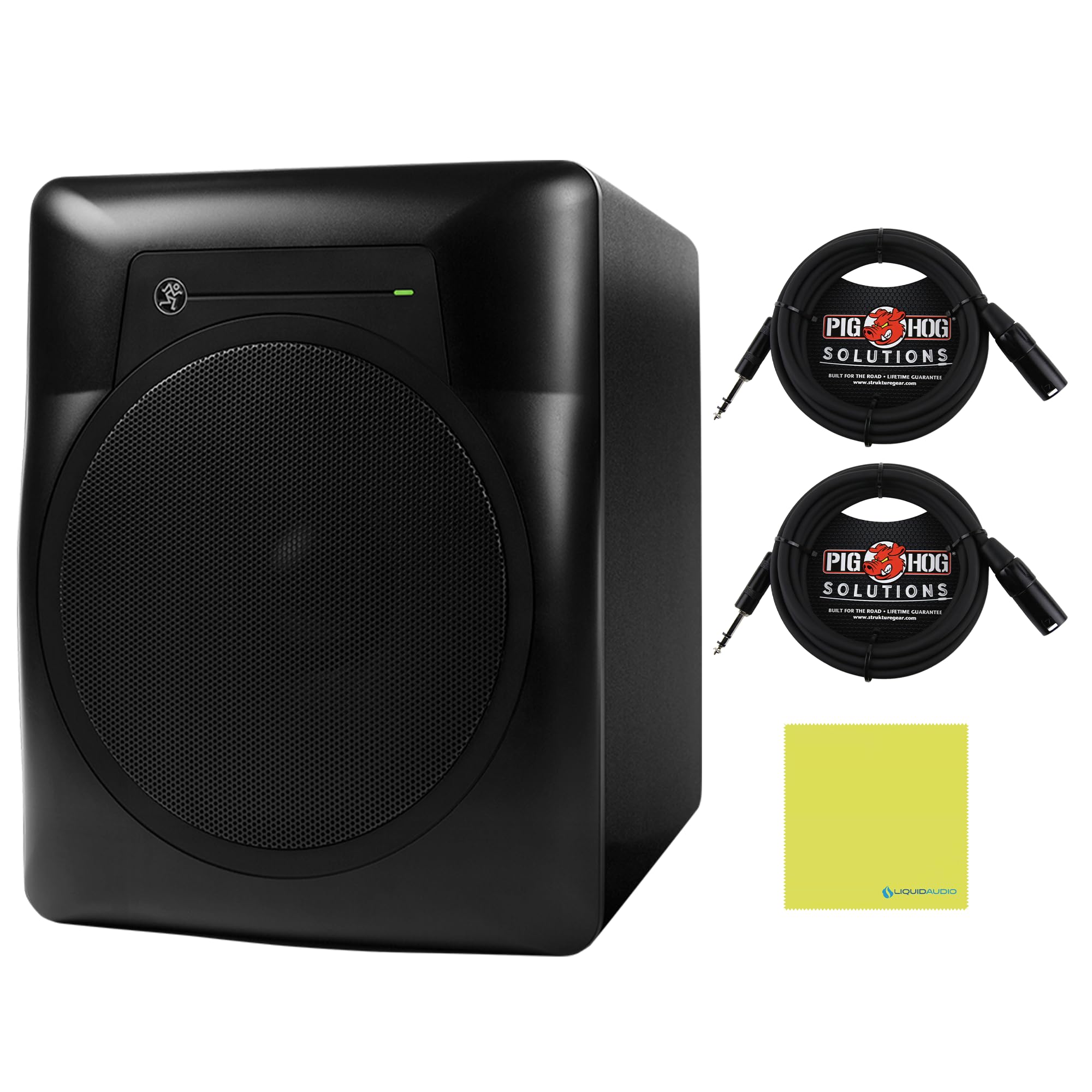 Liquid Audio Ma ckie MRS10 10" Powered Studio Subwoofer Bundle w/ 2-Pack Pig Hog PX-TMXM2 TRS(M) - XLR(M) Balanced Cable Polishing Cloth