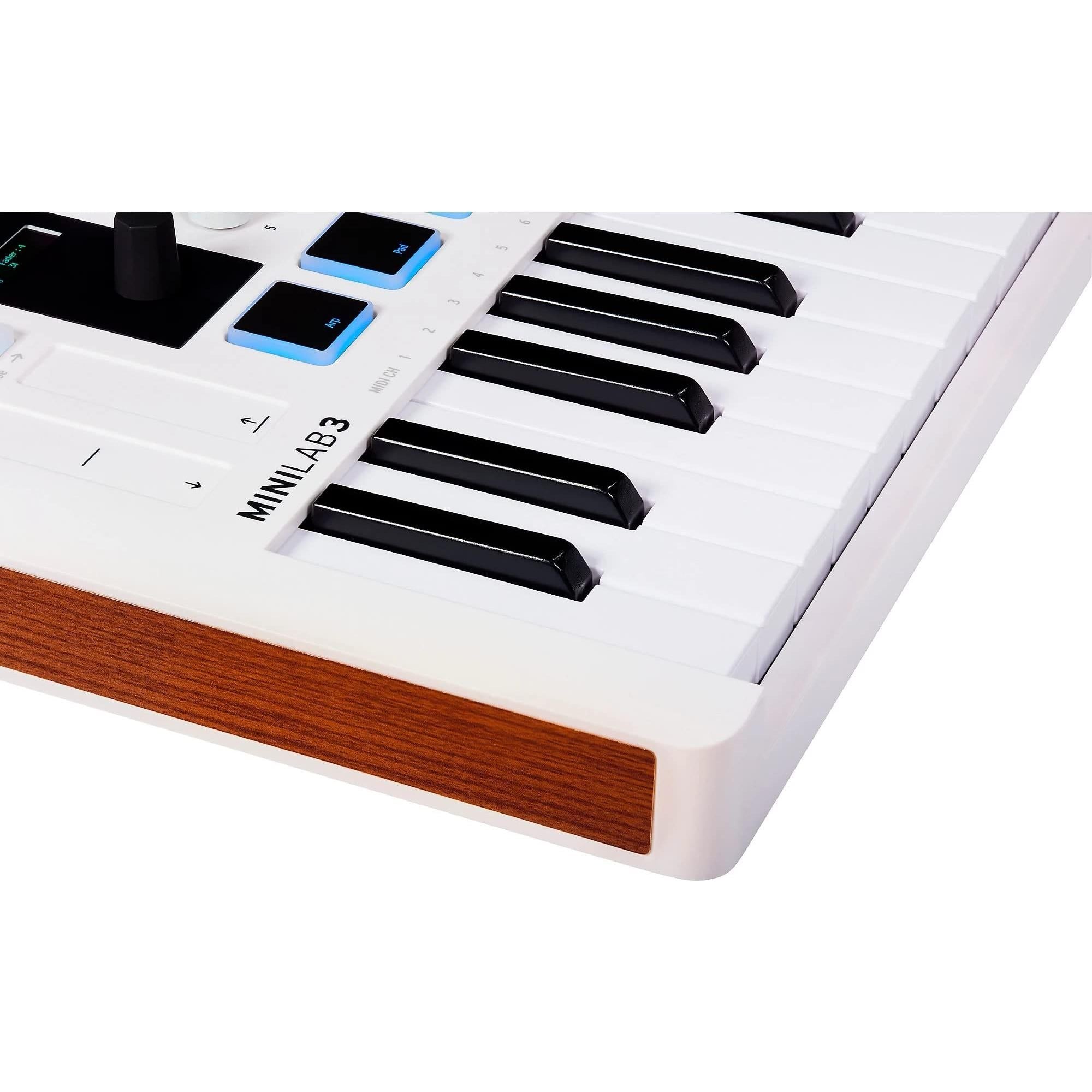 Arturia MiniLab 3 MIDI Keyboard Controller Bundle with Deluxe Sustain Pedal, USB Cable & Liquid Audio Polishing Cloth - 25 Key MIDI Keyboard for Recording Studio Equipment, Software Included (WHITE)