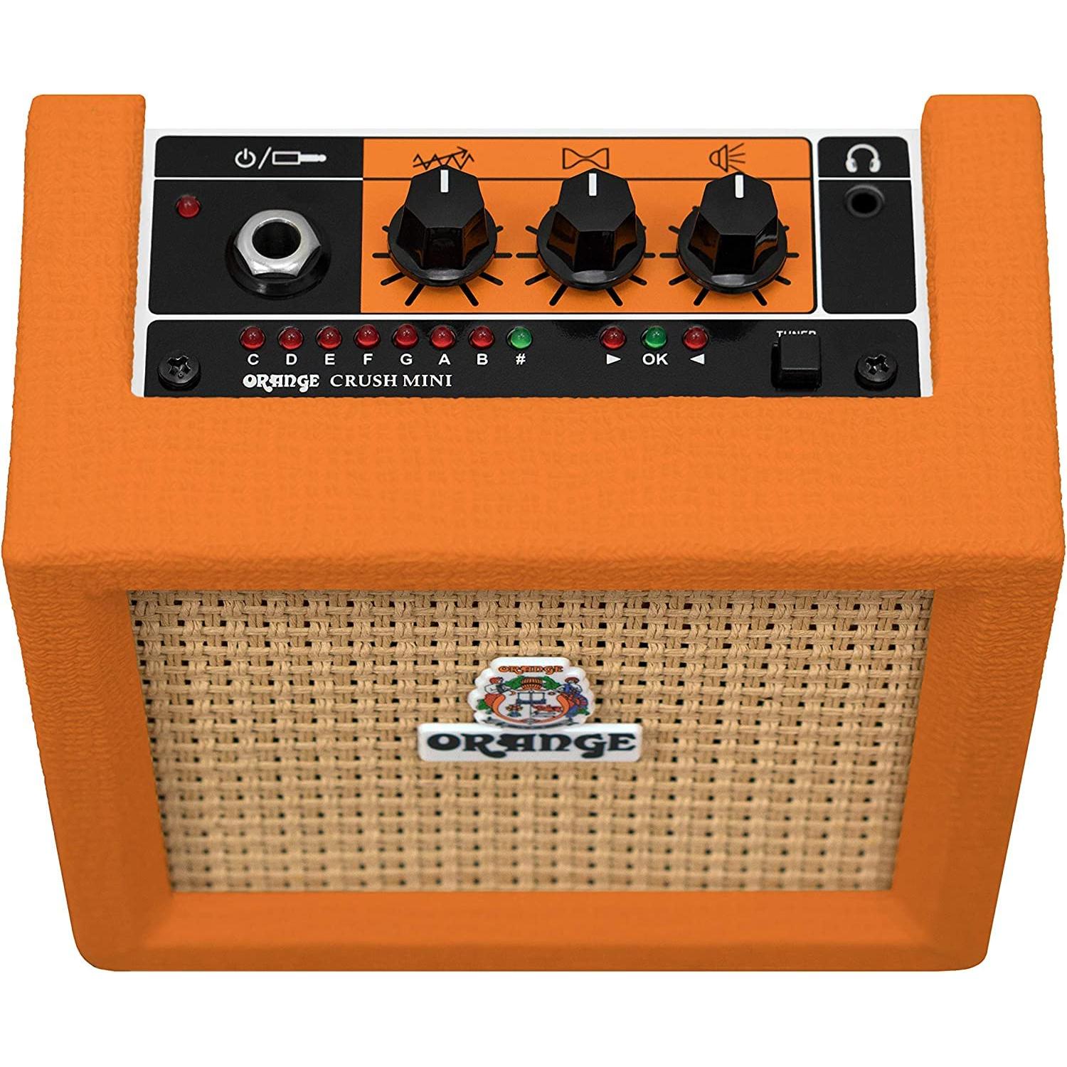 Liquid Audio Orange Amps Crush Mini 3W Guitar Combo Amp Bundle w Power Adapter, Pig Hog Instrument Cable, 24 Picks, Battery Polishing Cloth