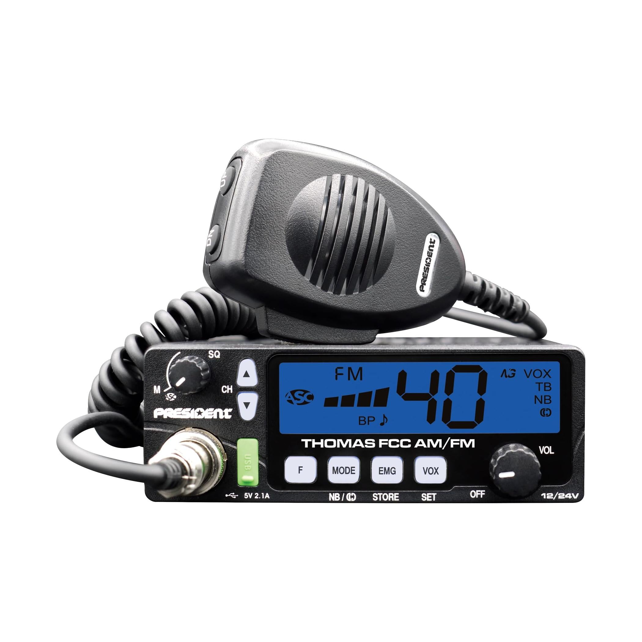 President Electronics Thomas FCC 40-Channel AM/FM Radio, Black; 12/24 V, Up/Down Channel Selector, Volume Adjustment, Manual Squelch and ASC, Multi-Functions LCD Display, Mode Switch AM/FM