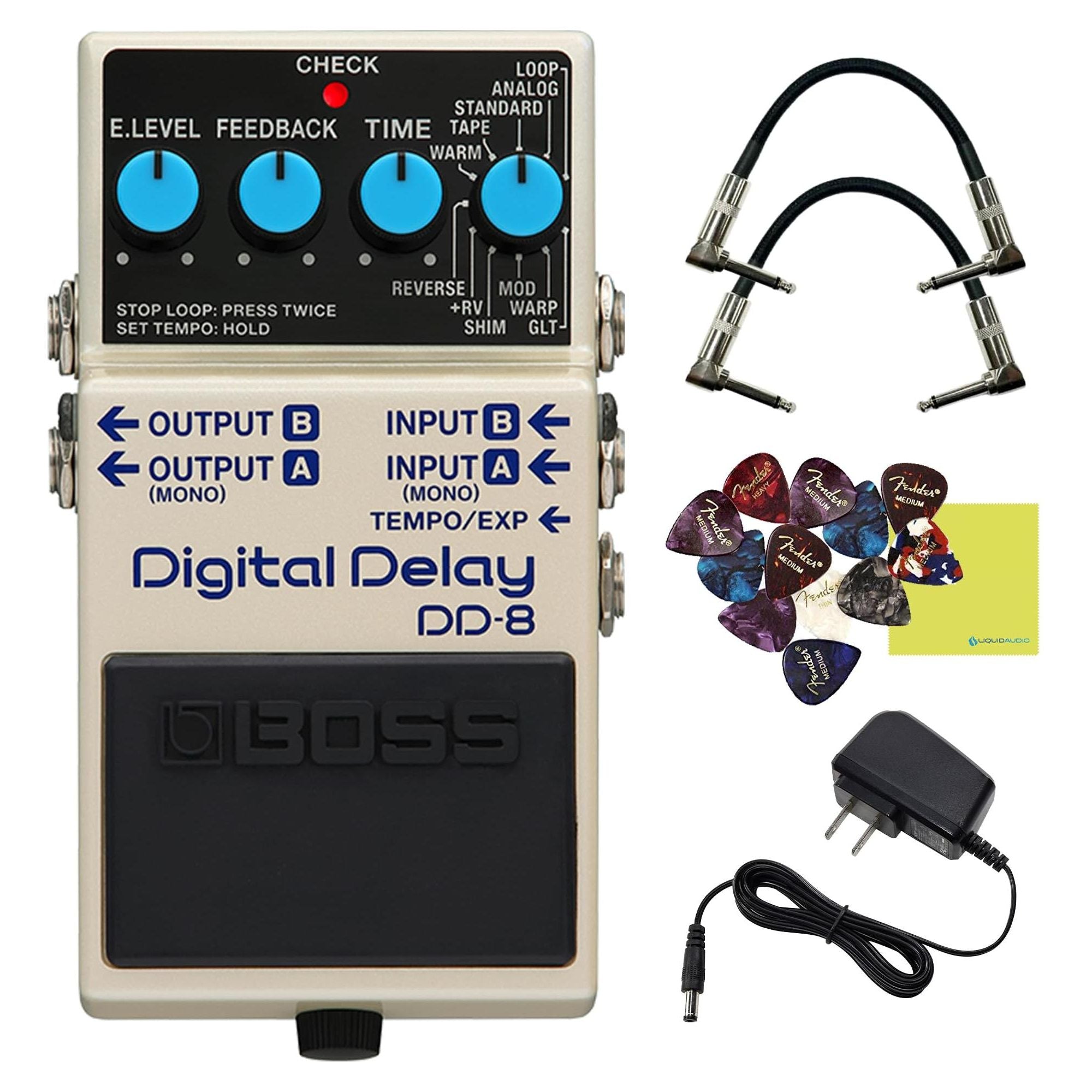 Boss DD-8 Digital Delay Pedal Bundle w/ 2-Pack Strukture S6P48 Woven Right Angle Patch Cable, 12-Pack Guitar Pick, 9V Power Adapter and Liquid Audio Polishing Cloth