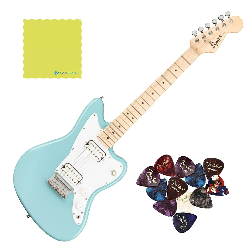 Squier Mini Jazzmaster® HH Electric Guitar, Maple Fingerboard, Daphne Blue - 0370125504 Bundle w/ 12-Pack Guitar Pick and Liquid Audio Polishing Cloth