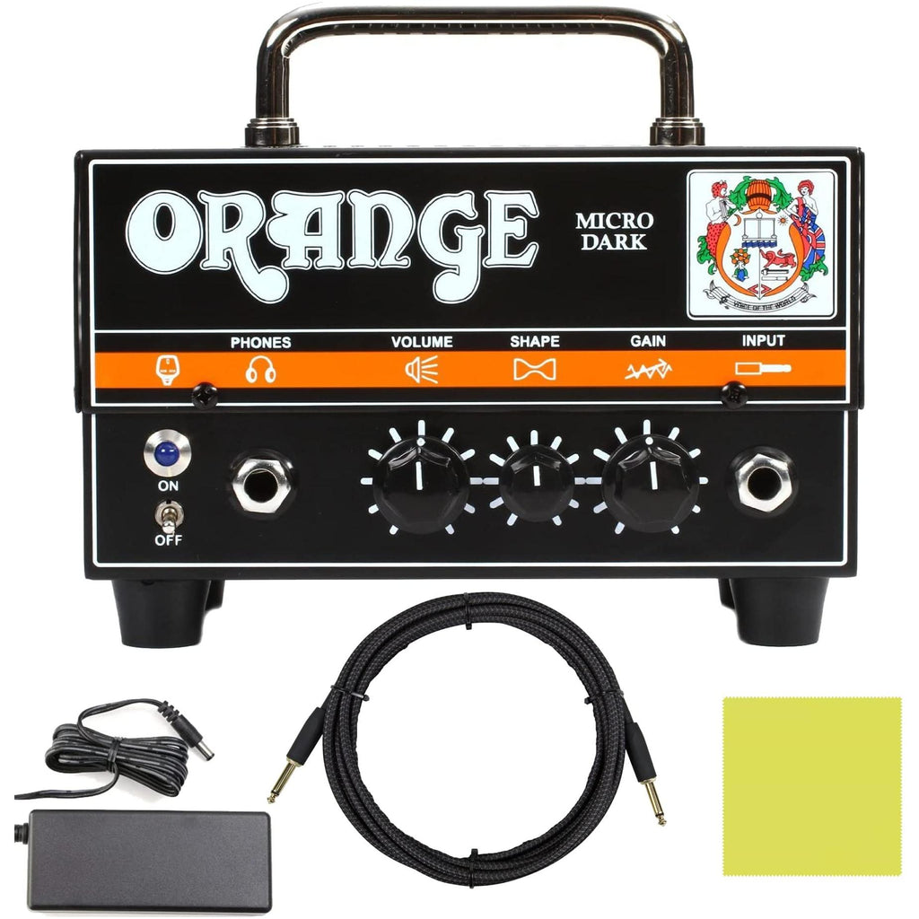 Orange Amp MD20 Micro Dark 20-Watt Mini Guitar Amplifier Head Bundle with Pig Hog Woven Instrument Cable 10ft, Power Supply, and Liquid Audio Polishing Cloth - Micro Guitar Amplifier