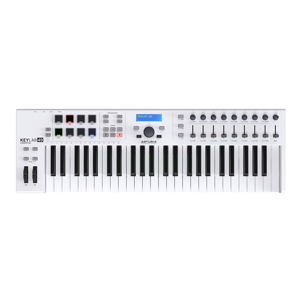 Arturia KeyLab Essential 49 - 49 Key USB MIDI Keyboard Controller with Velocity Sensitive Synth Action Keys, 8 Drum Pads, 9 Faders, 9 Knobs and Analog Lab V Software Included