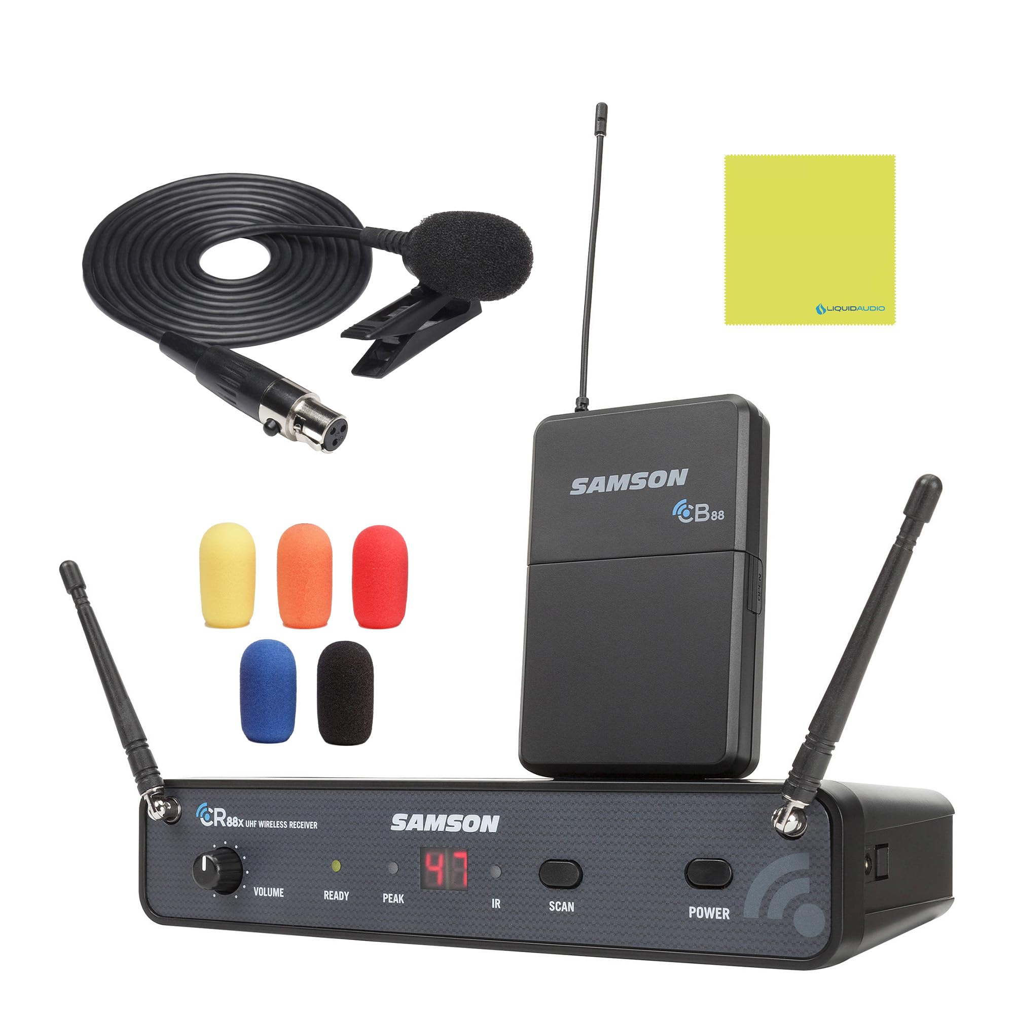 Samson Technologies Concert 88x Presentation Wireless System with LM5 Lavalier Microphone (K Band), Black Bundle with 5 Windscreens and Instrument Polishing Cloth