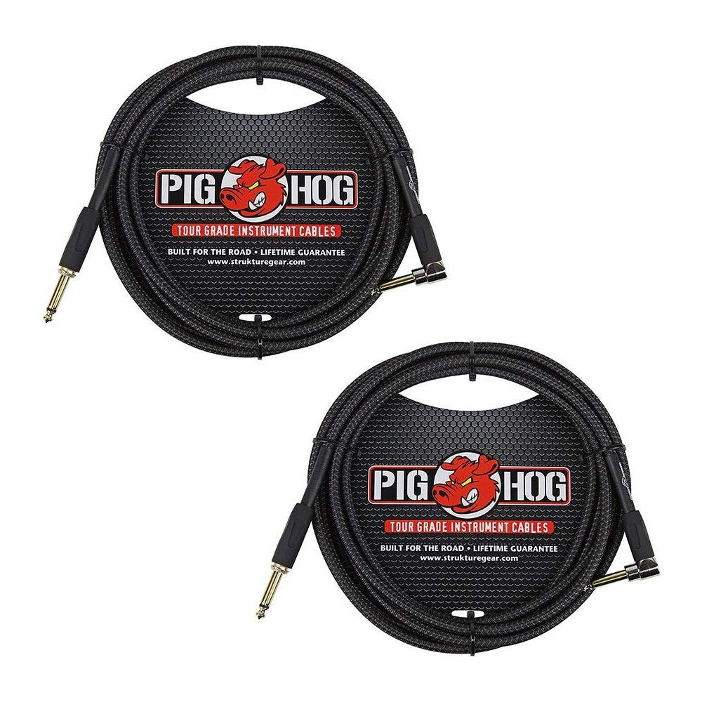 Pig Hog PCH10BKR Black Woven Instrument Cable, 10ft Right Angle (2-Pack)