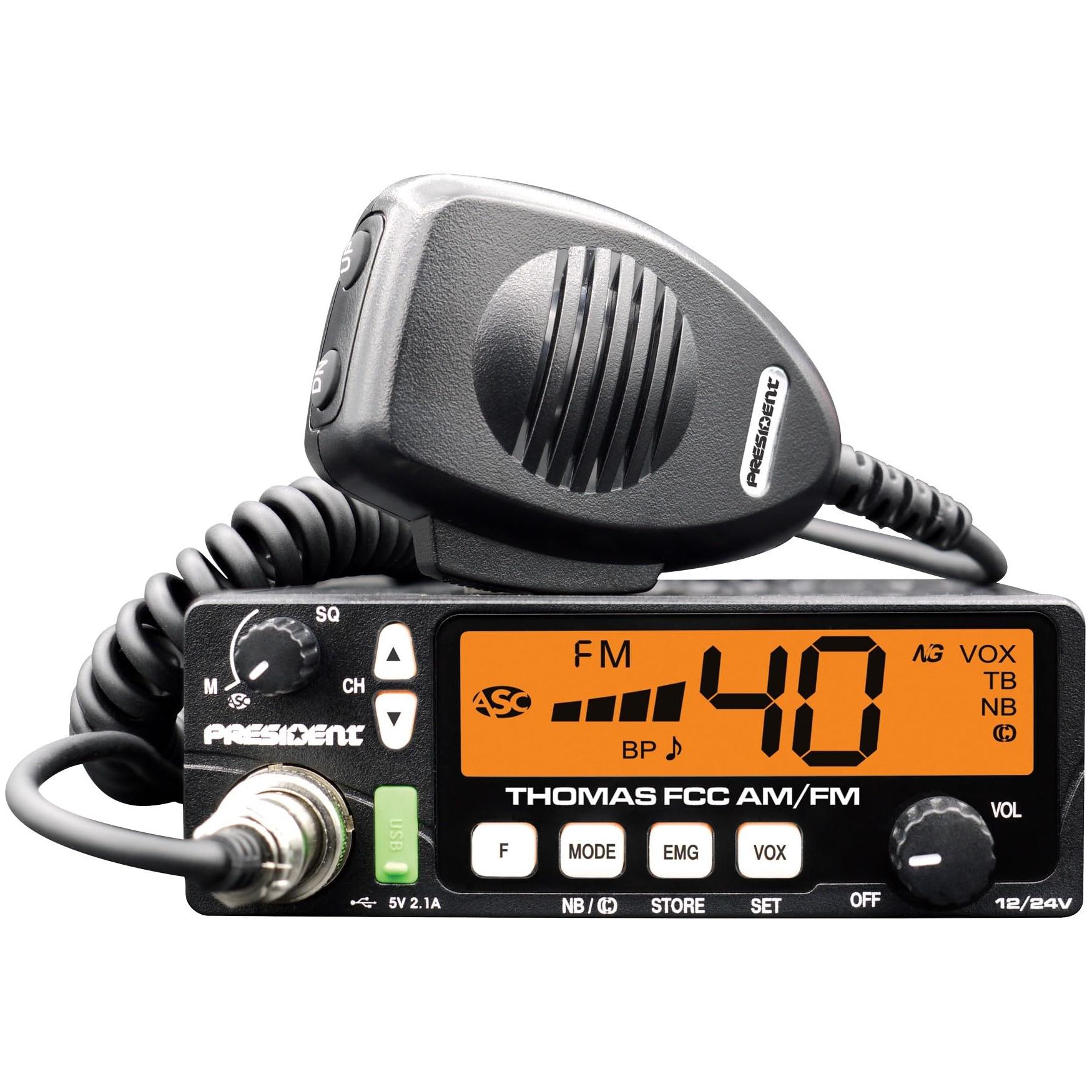 President Electronics Thomas FCC 40-Channel AM/FM Radio, Black; 12/24 V, Up/Down Channel Selector, Volume Adjustment, Manual Squelch and ASC, Multi-Functions LCD Display, Mode Switch AM/FM