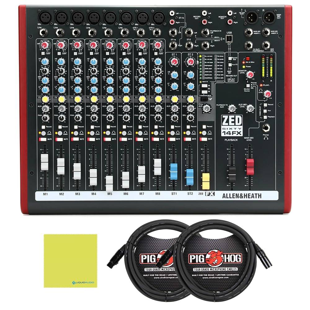 Allen & Heath ZED60-14FX Multipurpose Mixer for Live Sound and Recording Bundle w/ 2-Pack Pig Hog PHM10 8mm Mic Cable and Liquid Audio Polishing Cloth