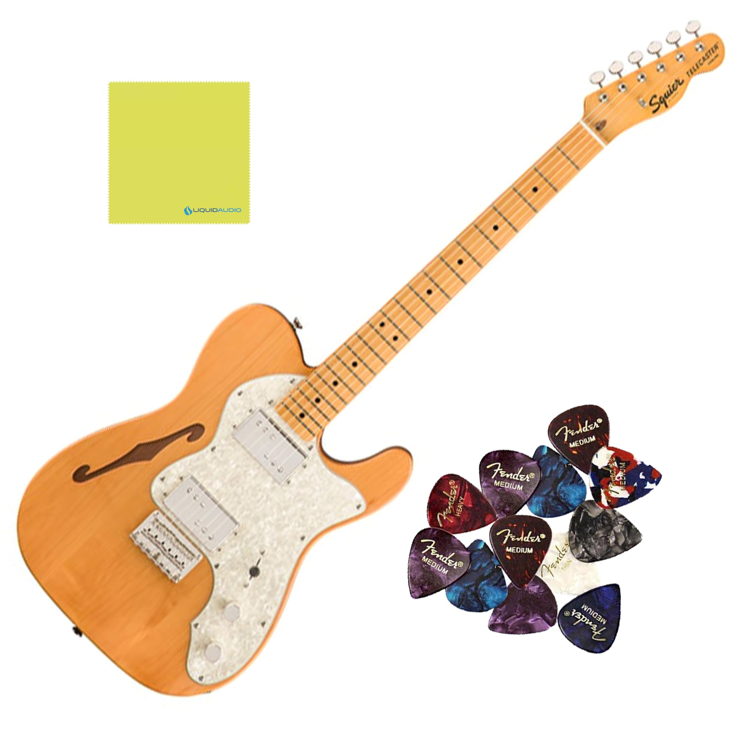 Squier Classic Vibe '70s Telecaster Thinline®, Maple Fingerboard, Natural - 0374070521 Bundle w/ 12-Pack Guitar Pick and Liquid Audio Polishing Cloth