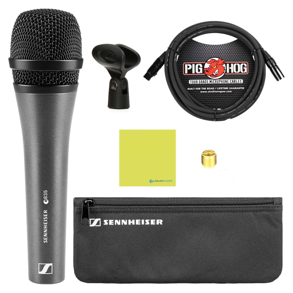 Liquid Audio - Sennheiser E 835 Cardioid Dynamic Vocal Microphone Bundle w/Pig Hog PHM10 8mm Mic Cable Polishing Cloth