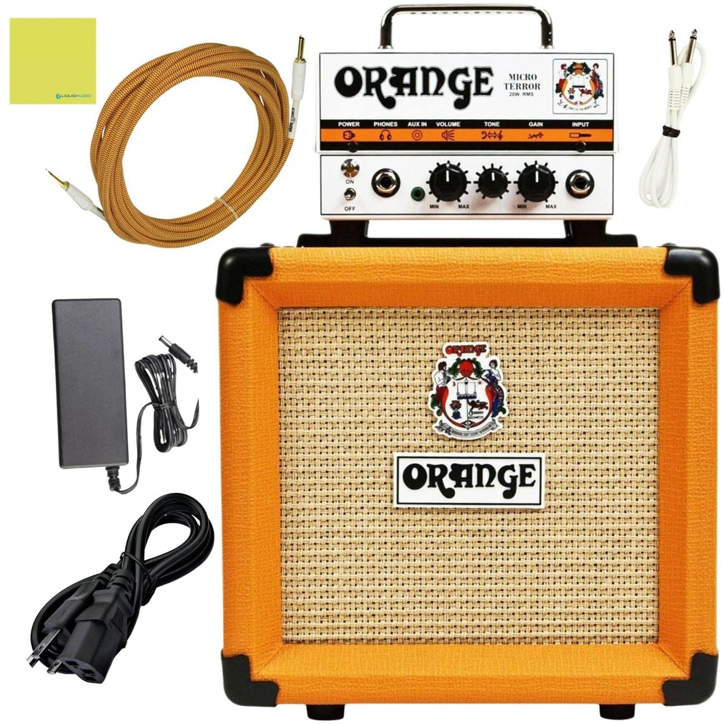 Orange PPC108 1x8” Closed-Back Speaker Cabinet Bundle with Orange MT20 Micro Terror Amp Head, Orange Woven Guitar Cable, Speaker Cable and Liquid Audio Polishing Cloth (5 Items)